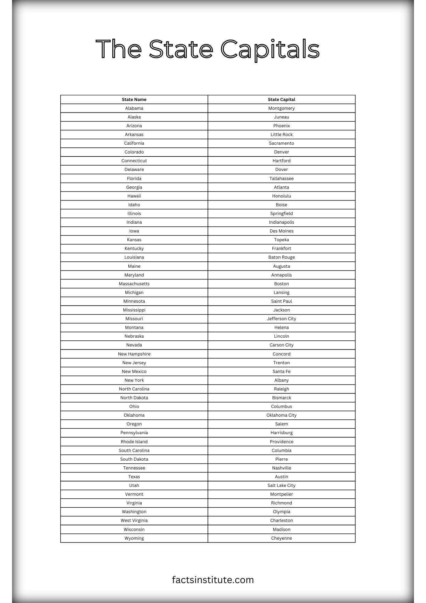 Us State Map With Capitals Printable