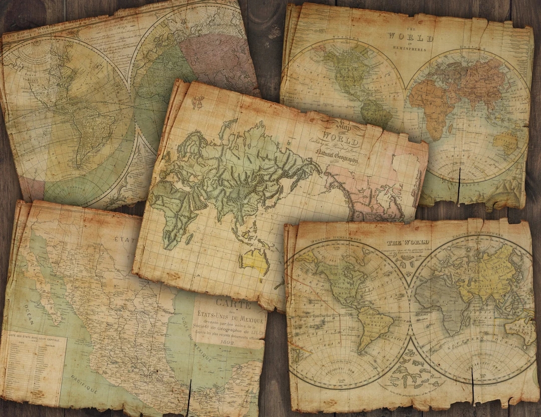 Printable Vintage Map Pages Old Junk Journal Paper Digital Journaling Supplies Grunge Ephemera Antique World Map Sheet Collage Set Etsy
