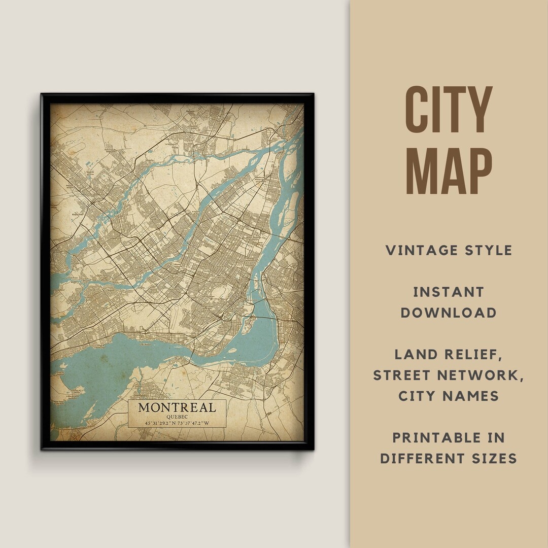 Printable Vintage Style Map Of Montreal Quebec Canada Instant Download Street Map Map Poster Antique Map Print Travel Gift Etsy