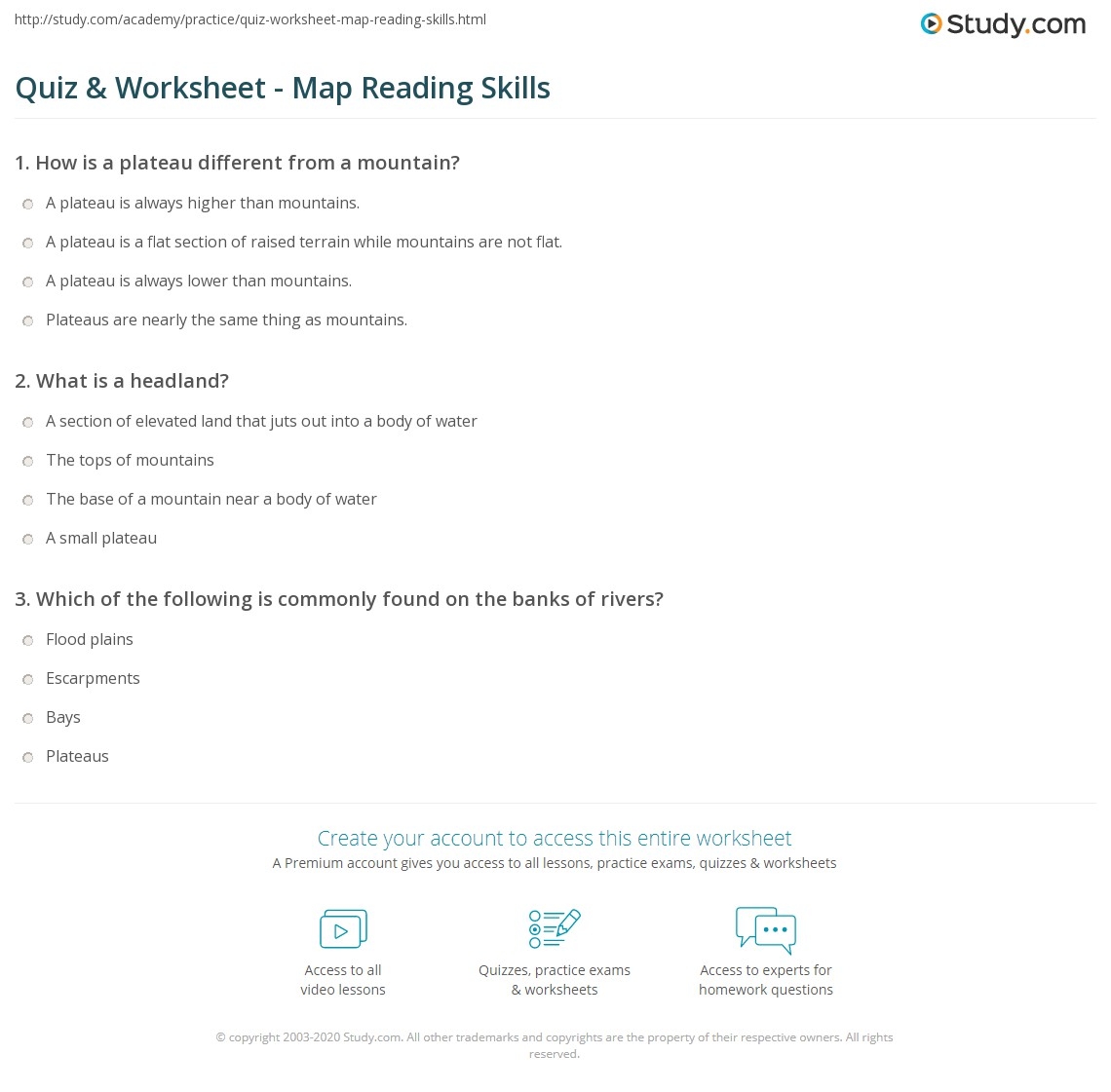 Quiz Worksheet Map Reading Skills Study