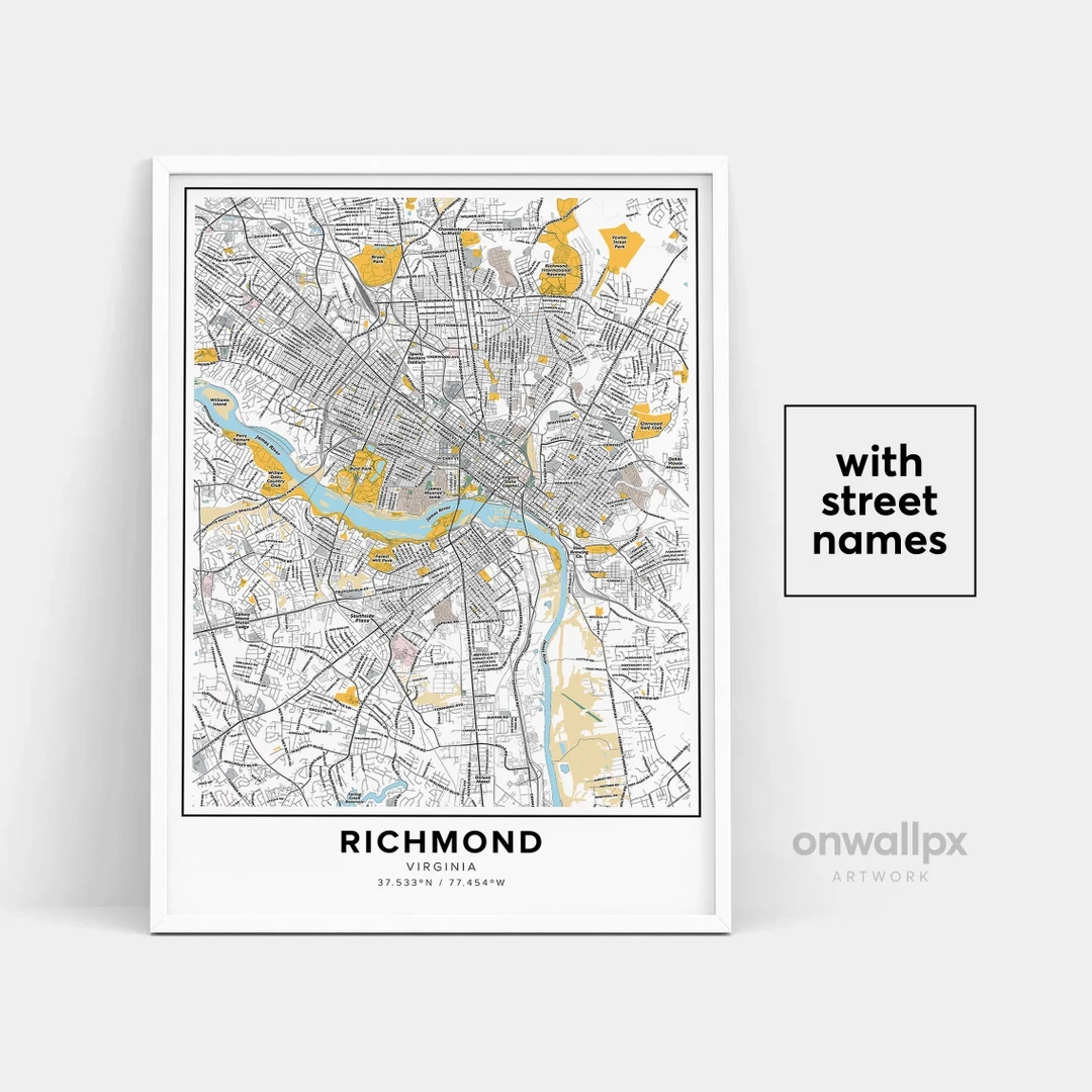 Richmond Map Print Street Names Richmond Print Printable Map Of Richmond City Map Art Richmond Virginia Map Art Travel Gift Poster Etsy