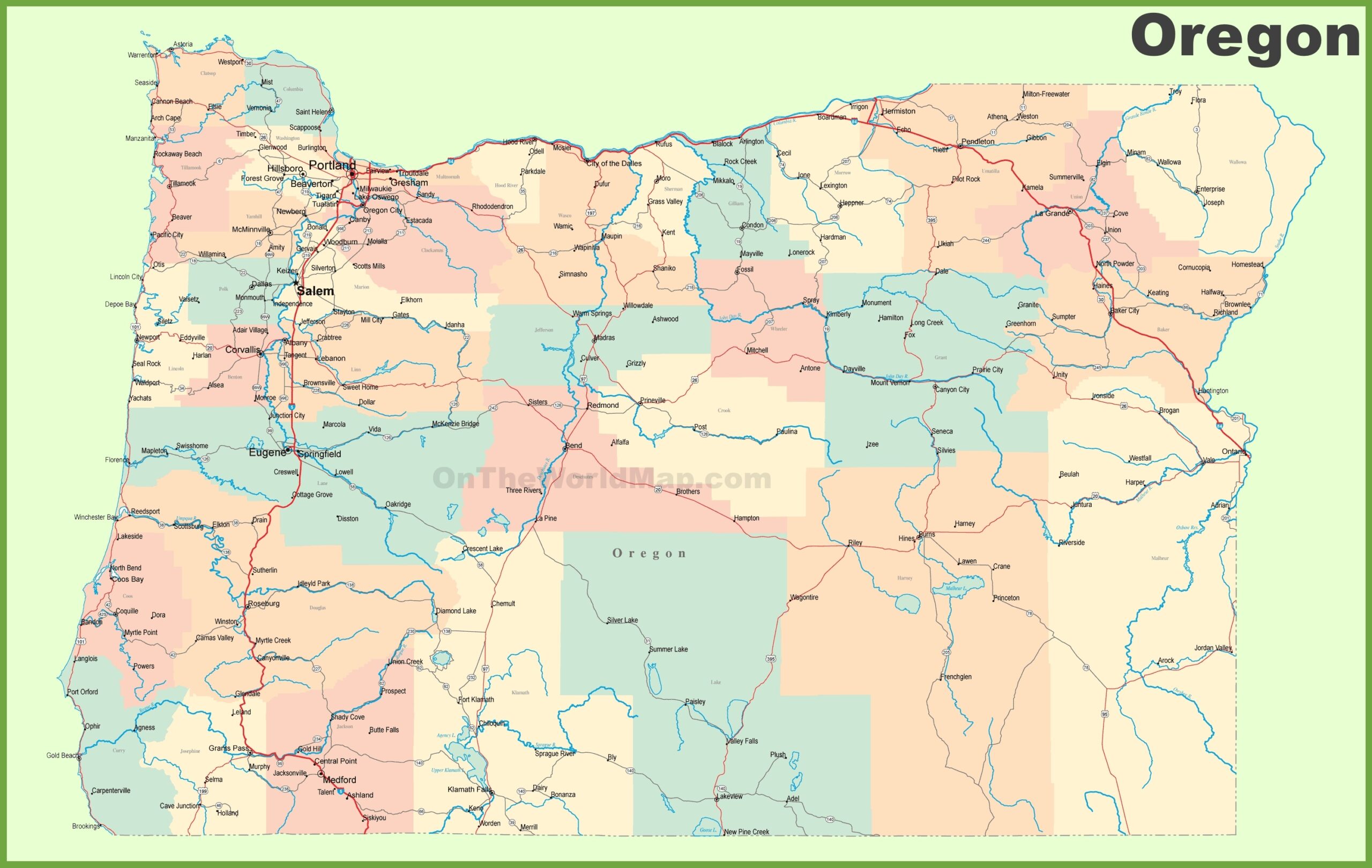 Free Printable Map Showing Oregon With Cities