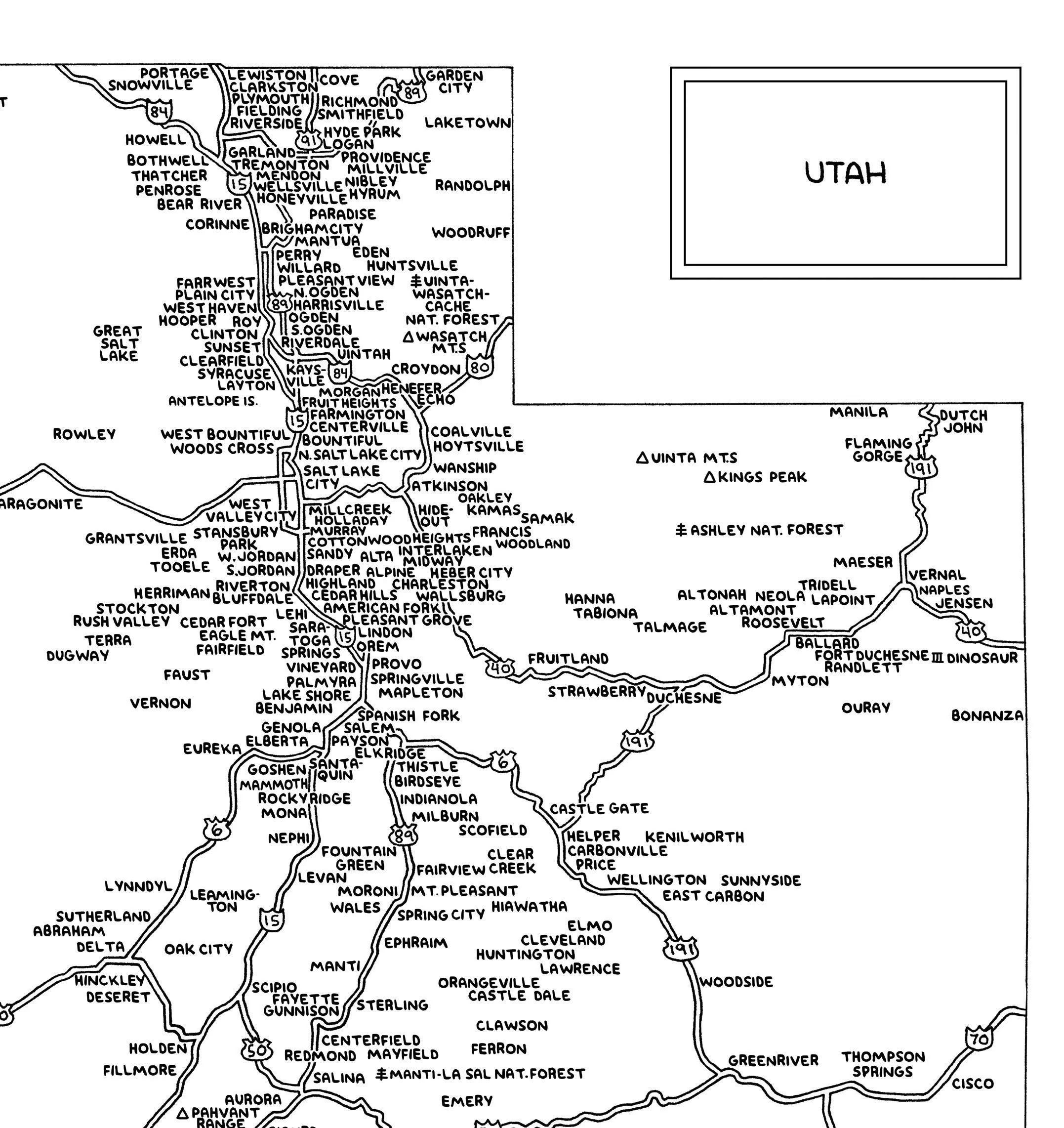 Road Map Of Utah Black White Digital Printable Download Etsy
