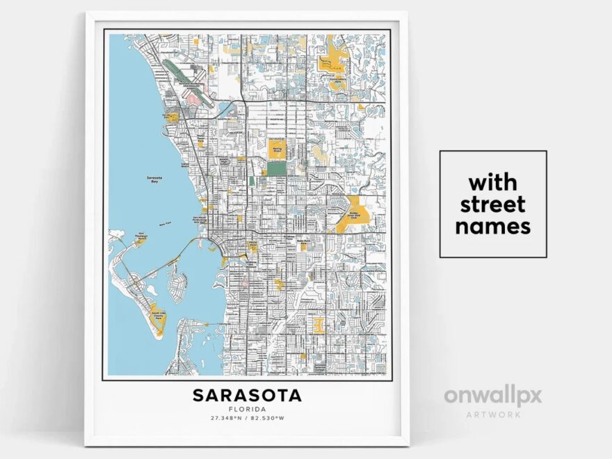 Sarasota Map Print Street Names Sarasota Print Printable Map Of Sarasota City Map Art Sarasota Florida Map Art Travel Gift Poster Etsy