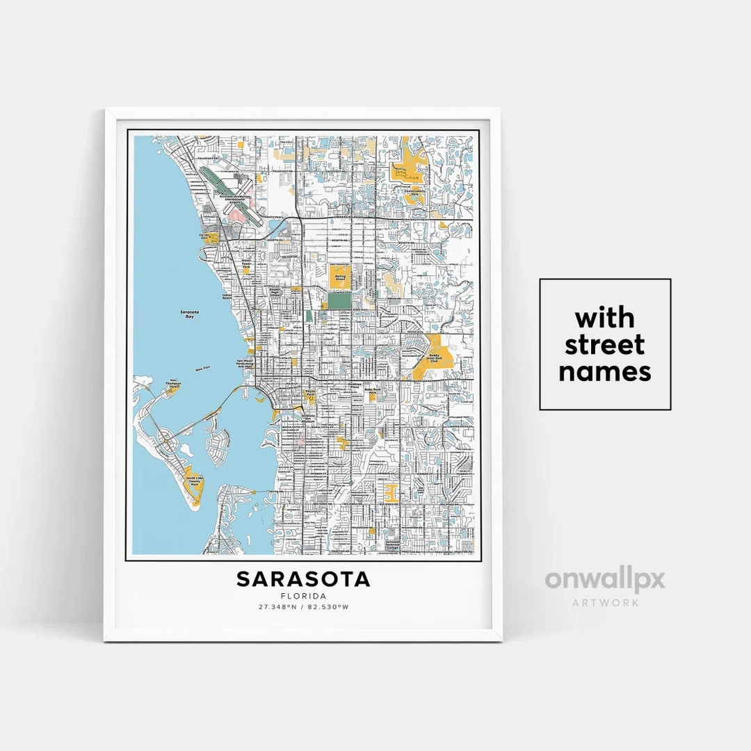 Sarasota Map Print Street Names Sarasota Print Printable Map Of Sarasota City Map Art Sarasota Florida Map Art Travel Gift Poster Etsy
