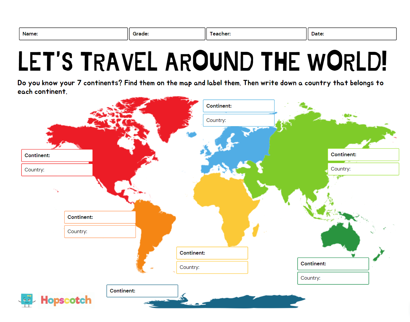 Seven Continents Printable Hopscotch