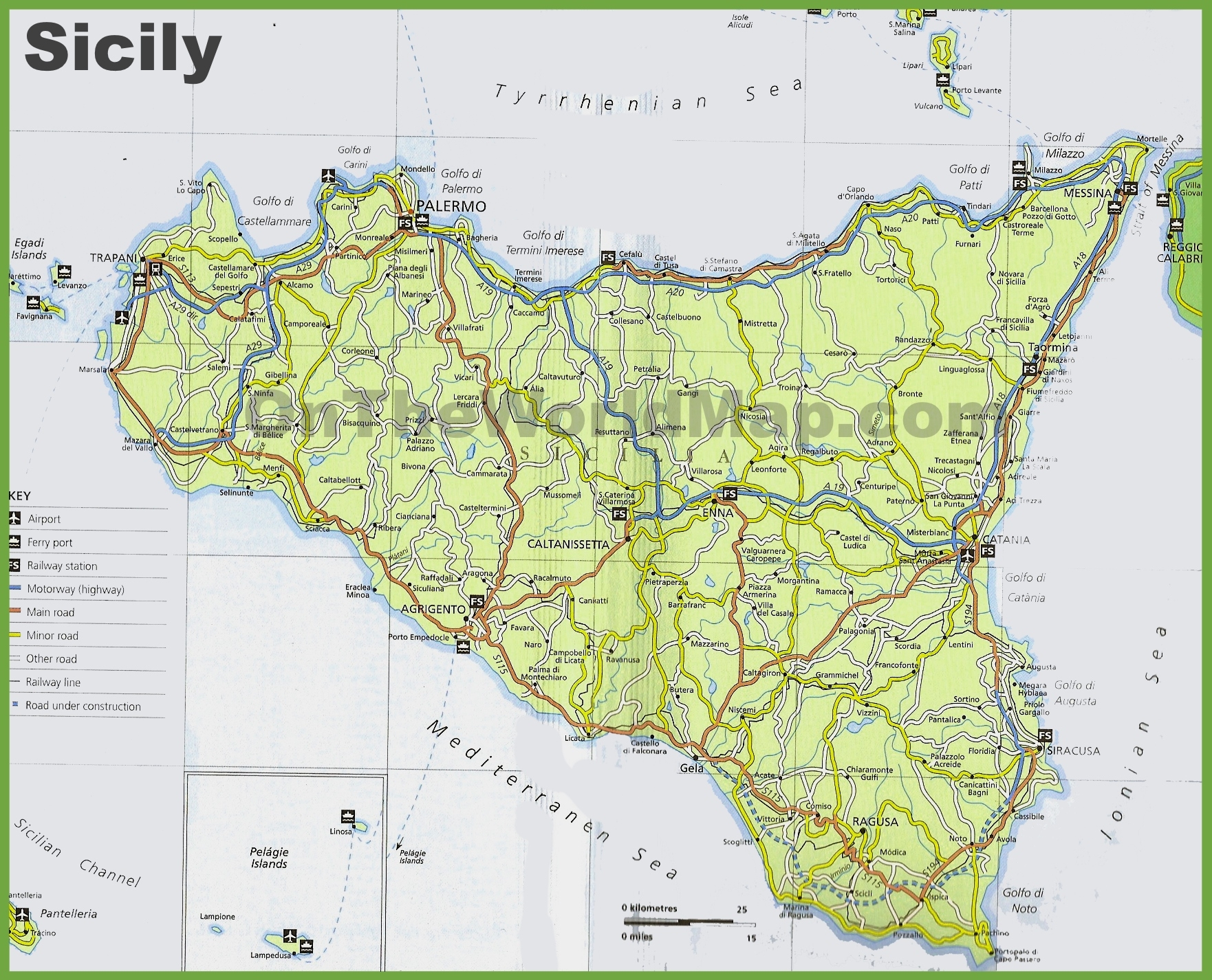 Sicily Road Map Ontheworldmap Sicily Road Map Ontheworldmap