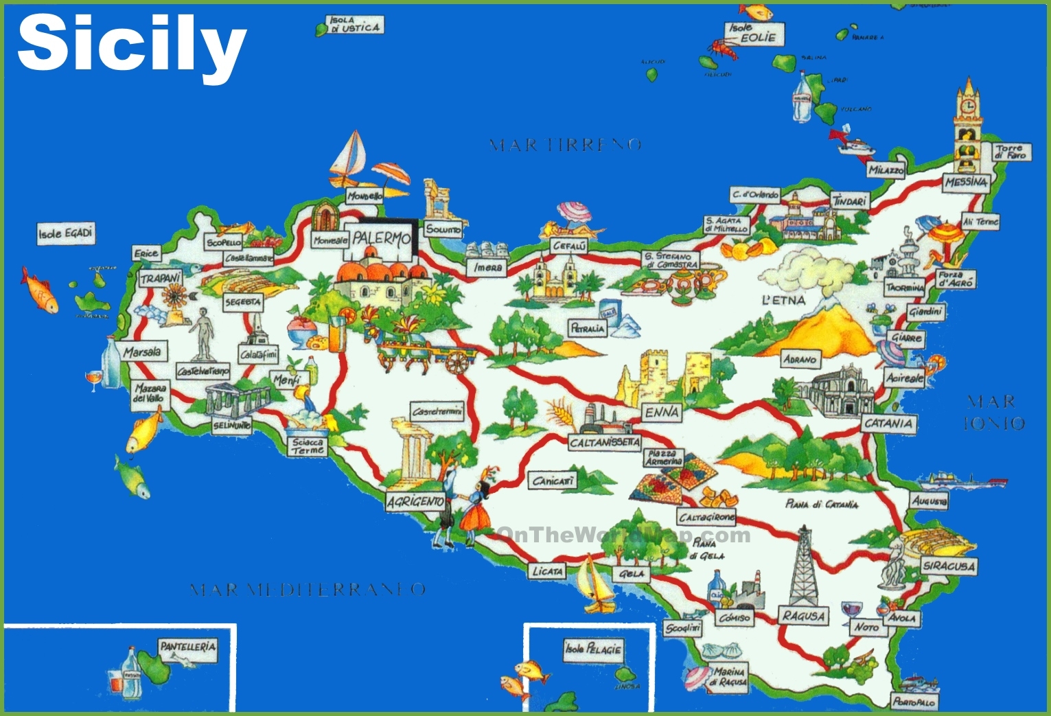 Sicily Tourist Map Ontheworldmap Sicily Tourist Map Ontheworldmap