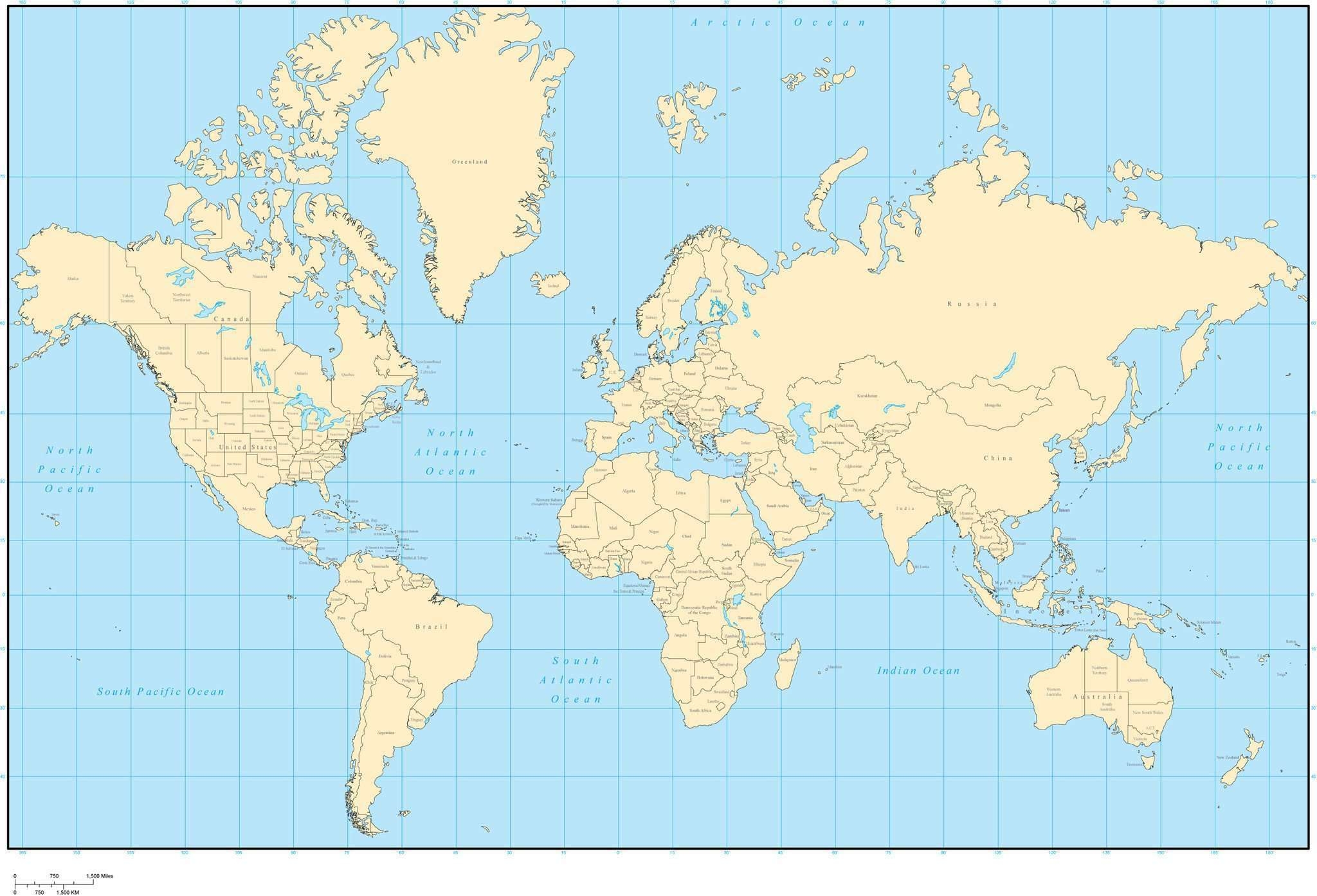 Single Color World Map With Countries US States And Canadian Worksheets Library