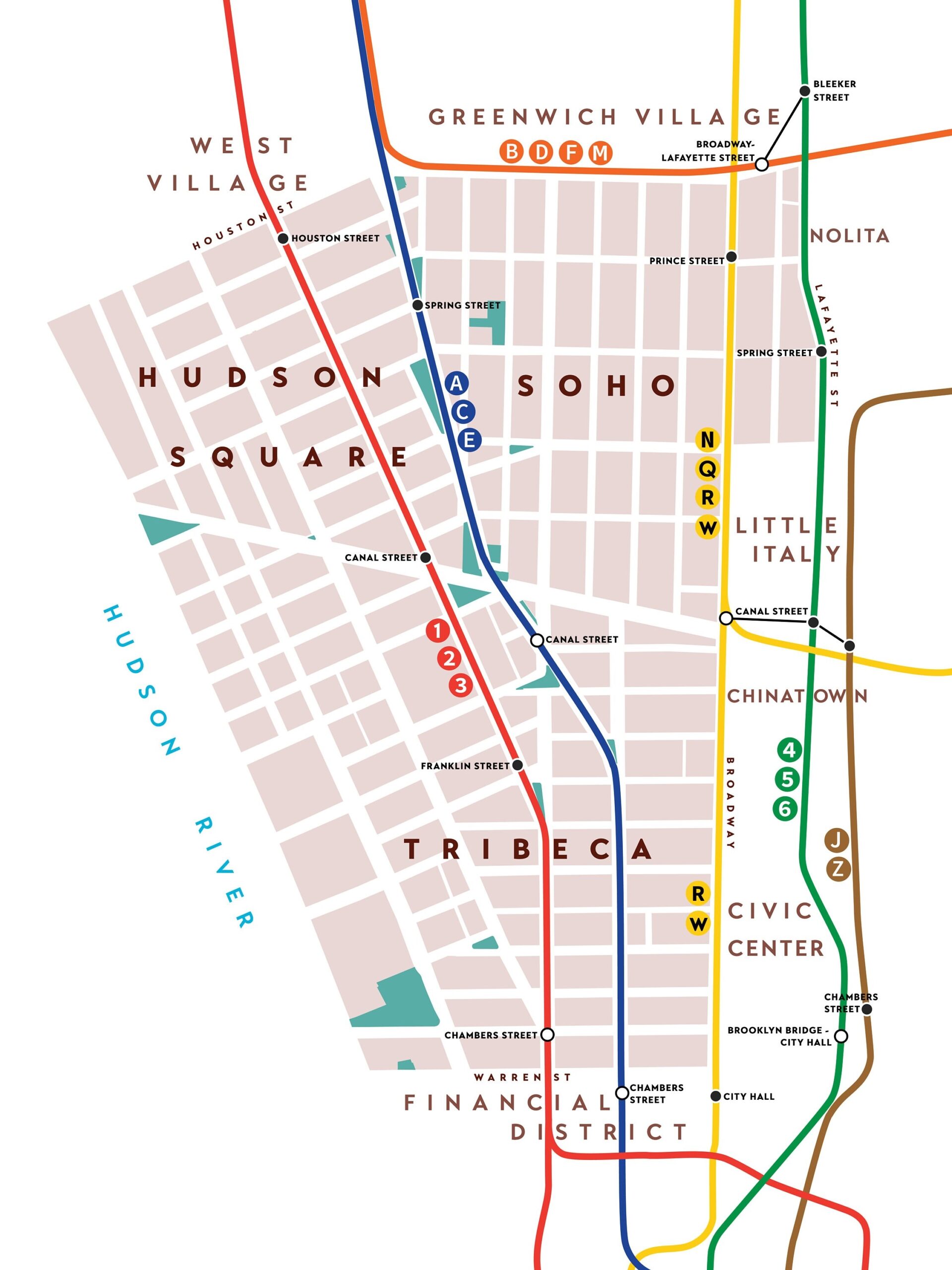 Soho Tribeca Hudson Square Neighborhood Map Print Manhattan New York City Etsy