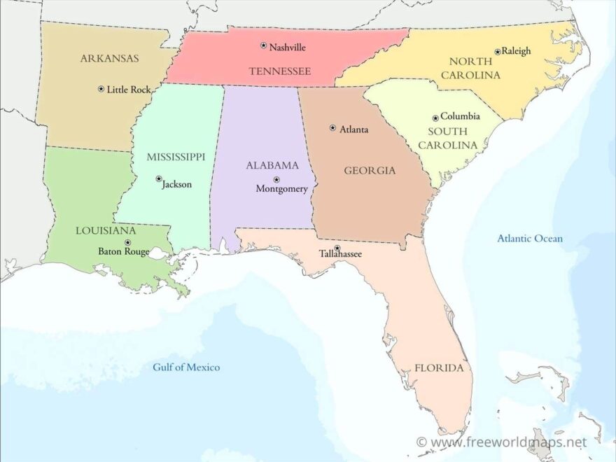 Southeastern US Political Map By Freeworldmaps