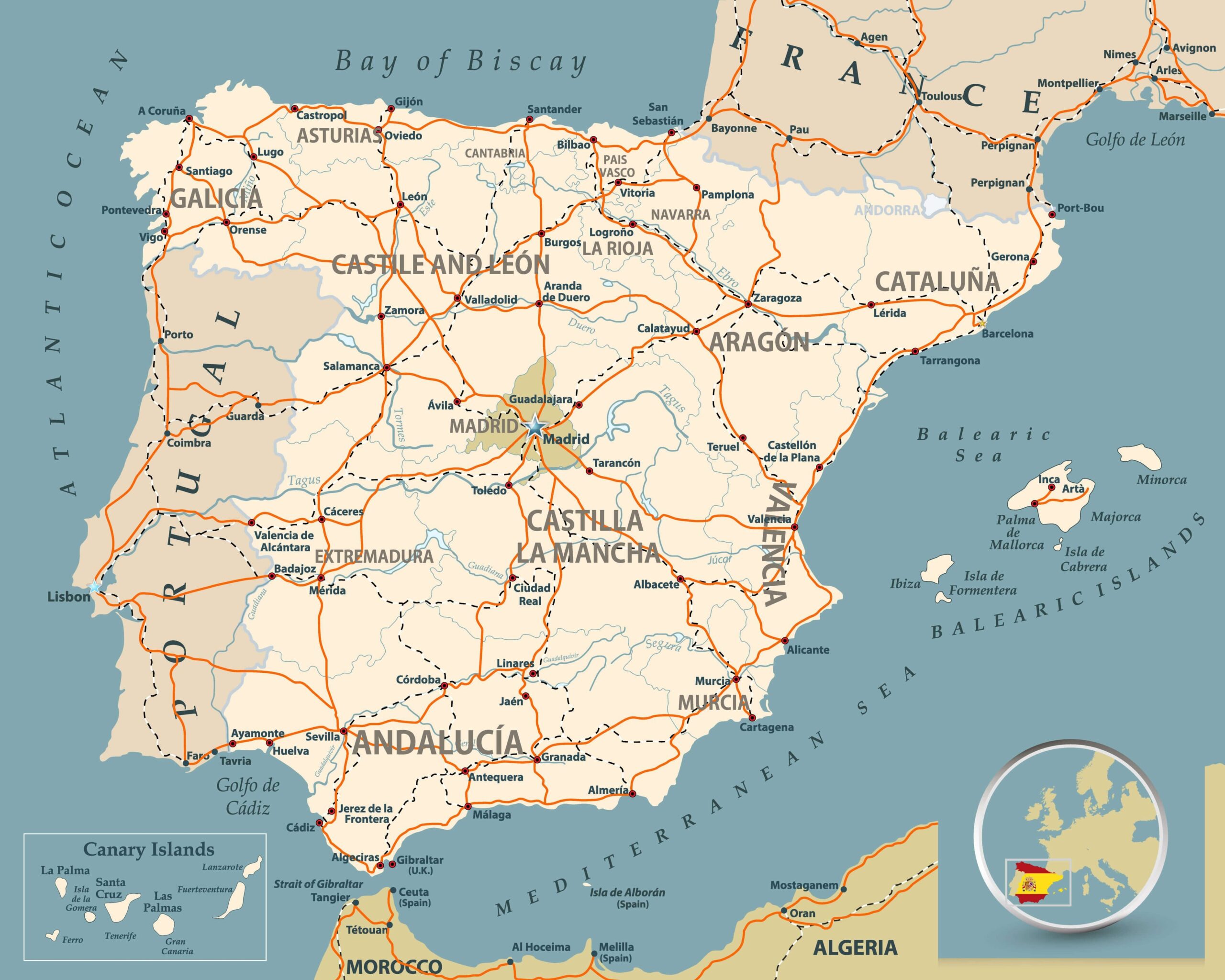 Printable Map Of France Spain/Portugal