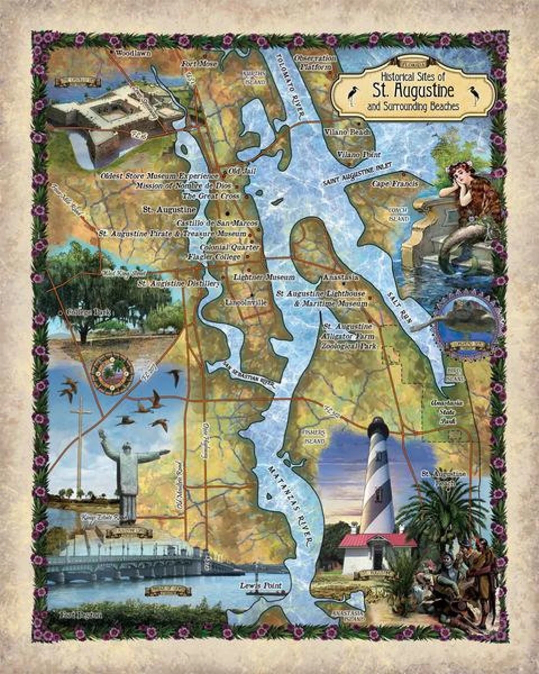 St Augustine Map St Augustine Florida Florida Art Florida Map Lighthouse Art Coastal Art Coastal Design Florida Gifts Travel Gift Etsy