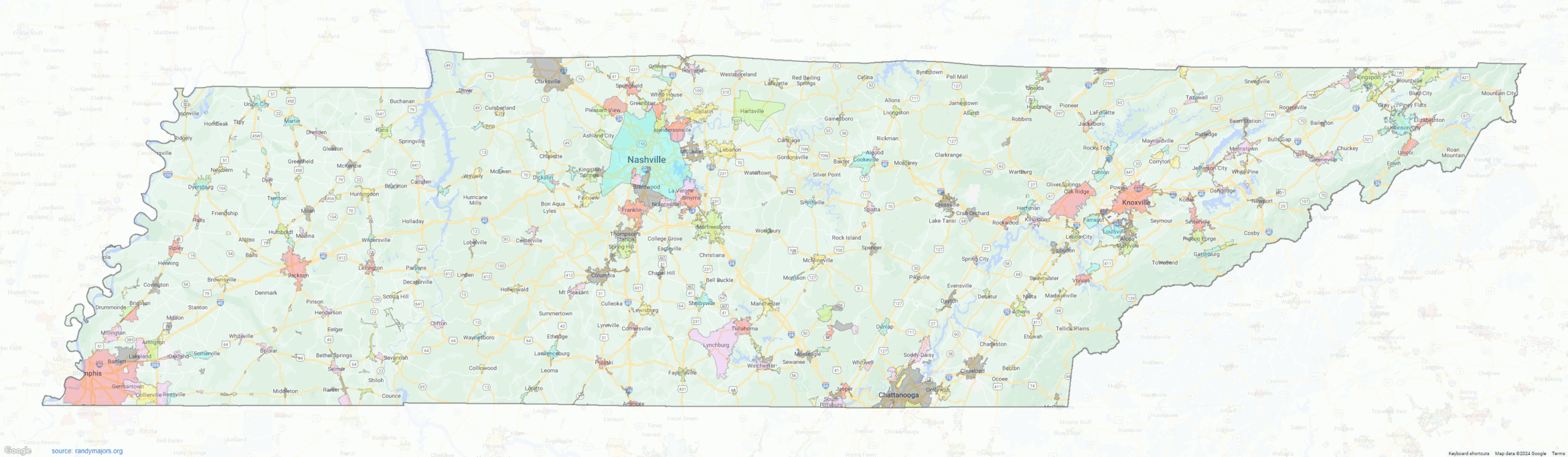Tennessee City Limits Shown On Google Maps