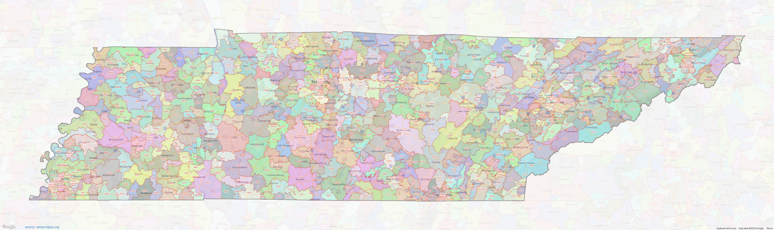 Tennessee ZIP Codes Shown On Google Maps