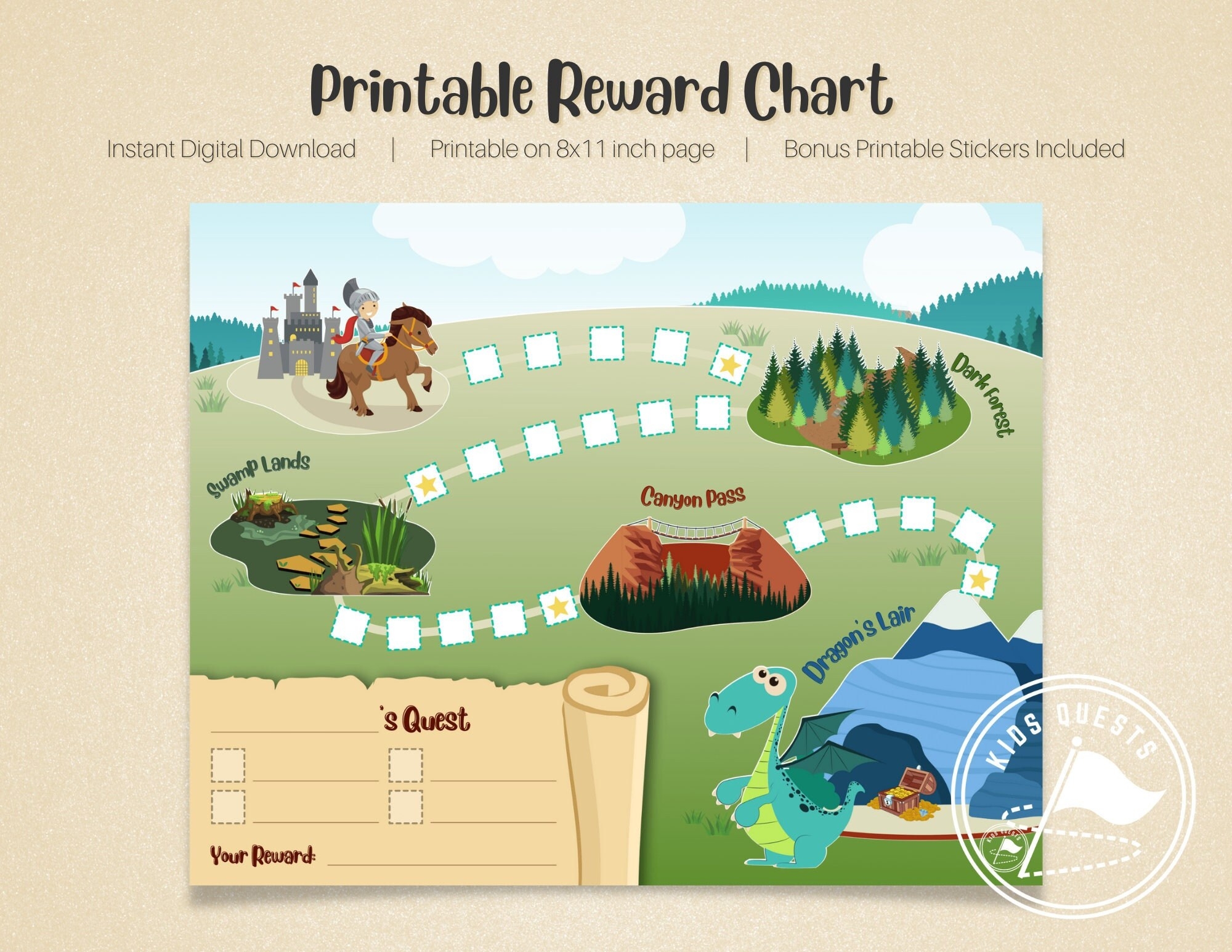 The Knight s Quest Printable Reward Chart For Kids Behavior Chart For Toddlers Chore Chart For Children Digital Instant Download Etsy