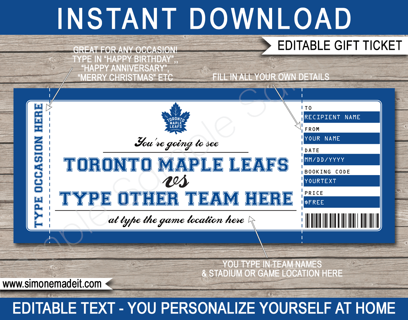 Toronto Maple Leafs Game Ticket Gift Voucher Printable Surprise Hockey Tickets