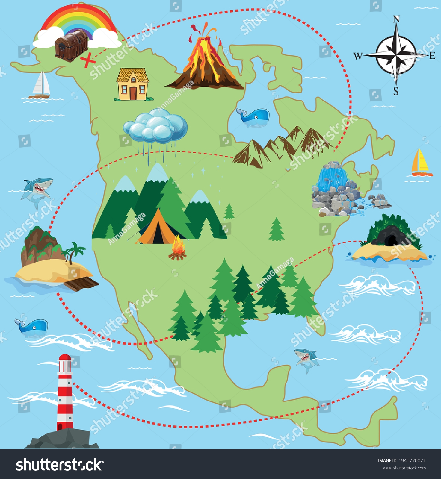 Treasure Hunt Map Kids Flat Vector Stock Vector Royalty Free 1940770021 Shutterstock