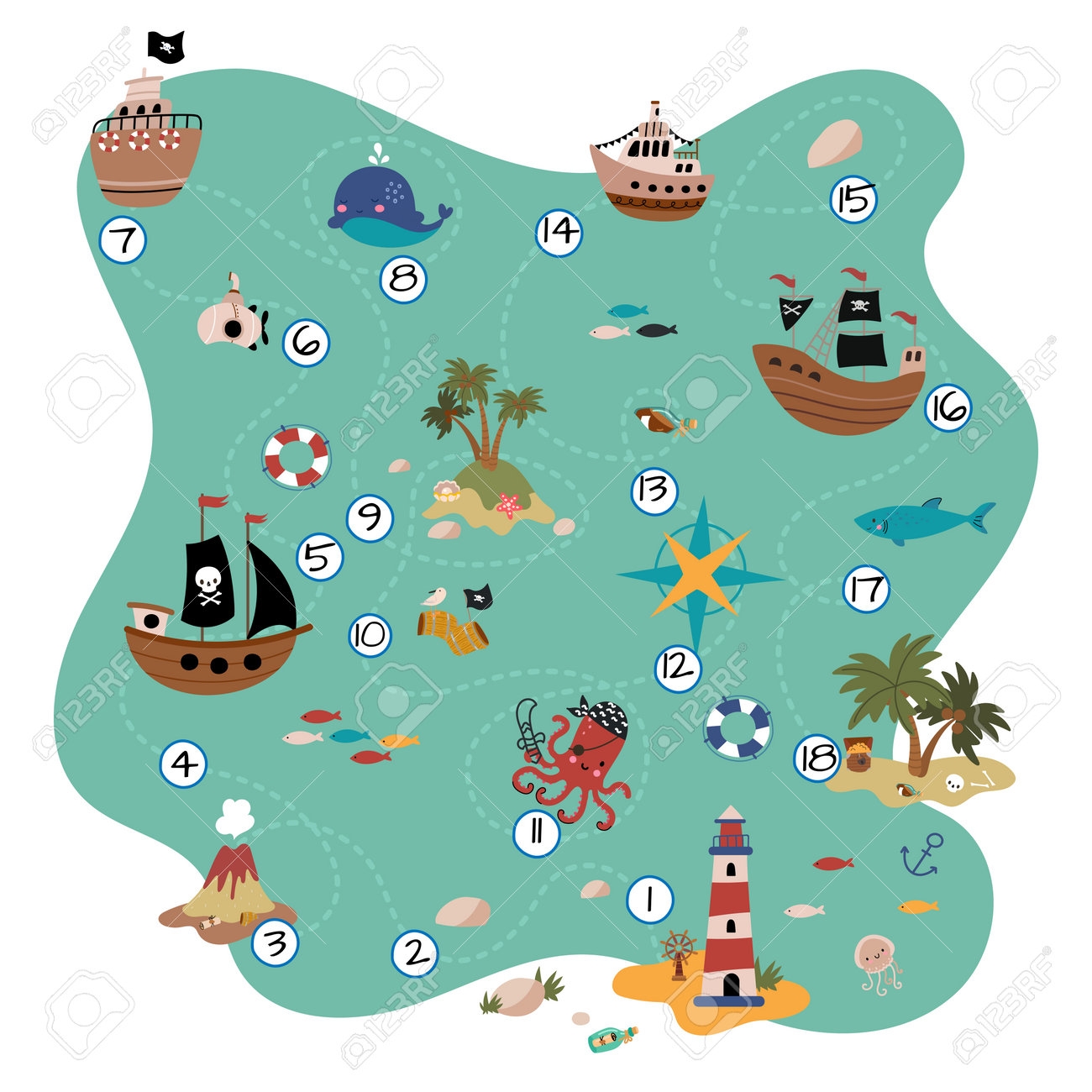 Treasure Map Children Game Palm Island Volcano And Pirate Ships In Ocean Sea Adventures Kids Board Play Nowaday Gaming Page Vector Template Illustration Of Island Pirate With Treasure Royalty Free SVG Cliparts 