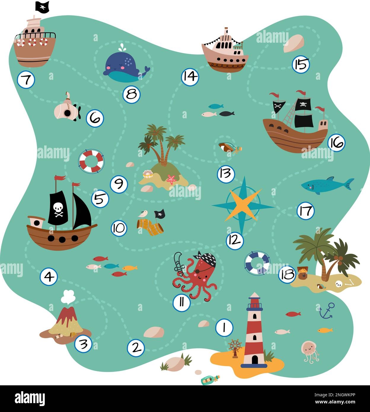 Treasure Map Children Game Palm Island Volcano And Pirate Ships In Ocean Sea Adventures Kids Board Play Nowaday Gaming Page Vector Template Stock Vector Image Art Alamy