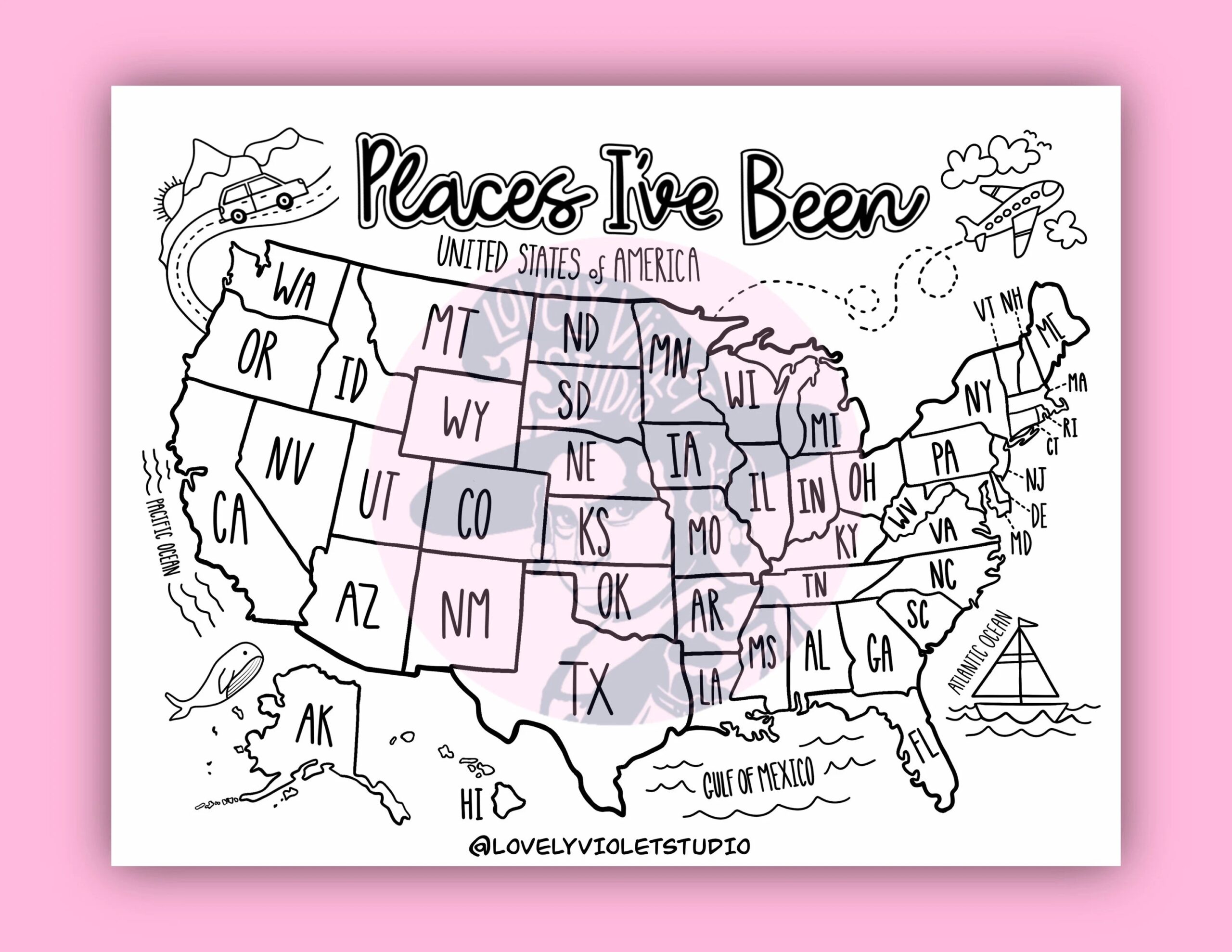 U S Map Coloring Page Digital Download places I ve Been U S Map Printable United States Road Trip Coloring Page Etsy