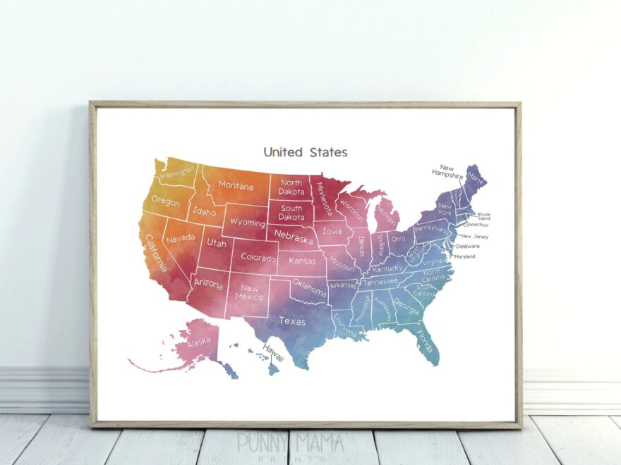 United States Map Printable Pastel Rainbow Kids USA Map Print Includes Hawaii Alaska Classroom Playroom Wall Art Labeled States Print Etsy