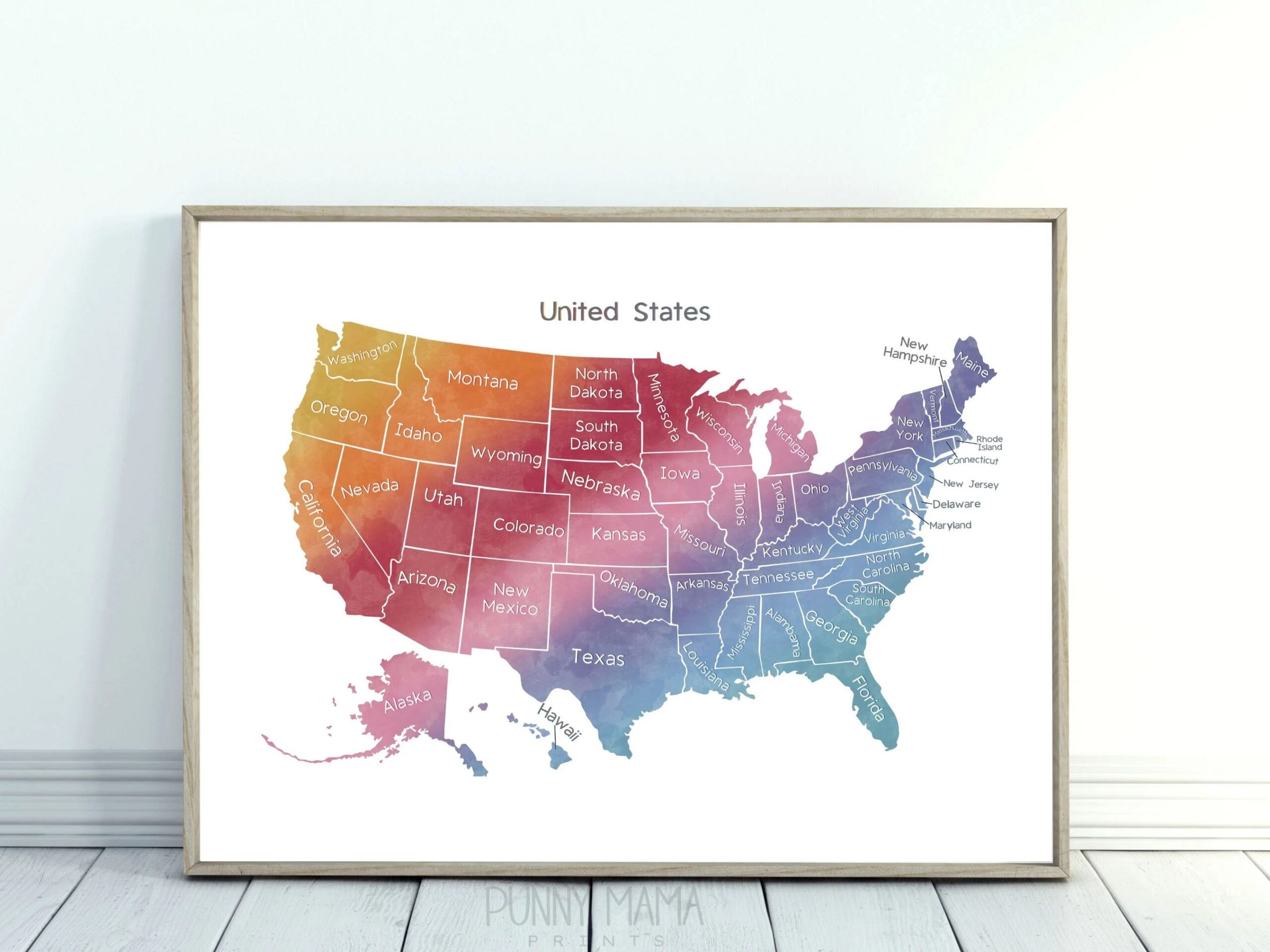 United States Map Printable Pastel Rainbow Kids USA Map Print Includes Hawaii Alaska Classroom Playroom Wall Art Labeled States Print Etsy