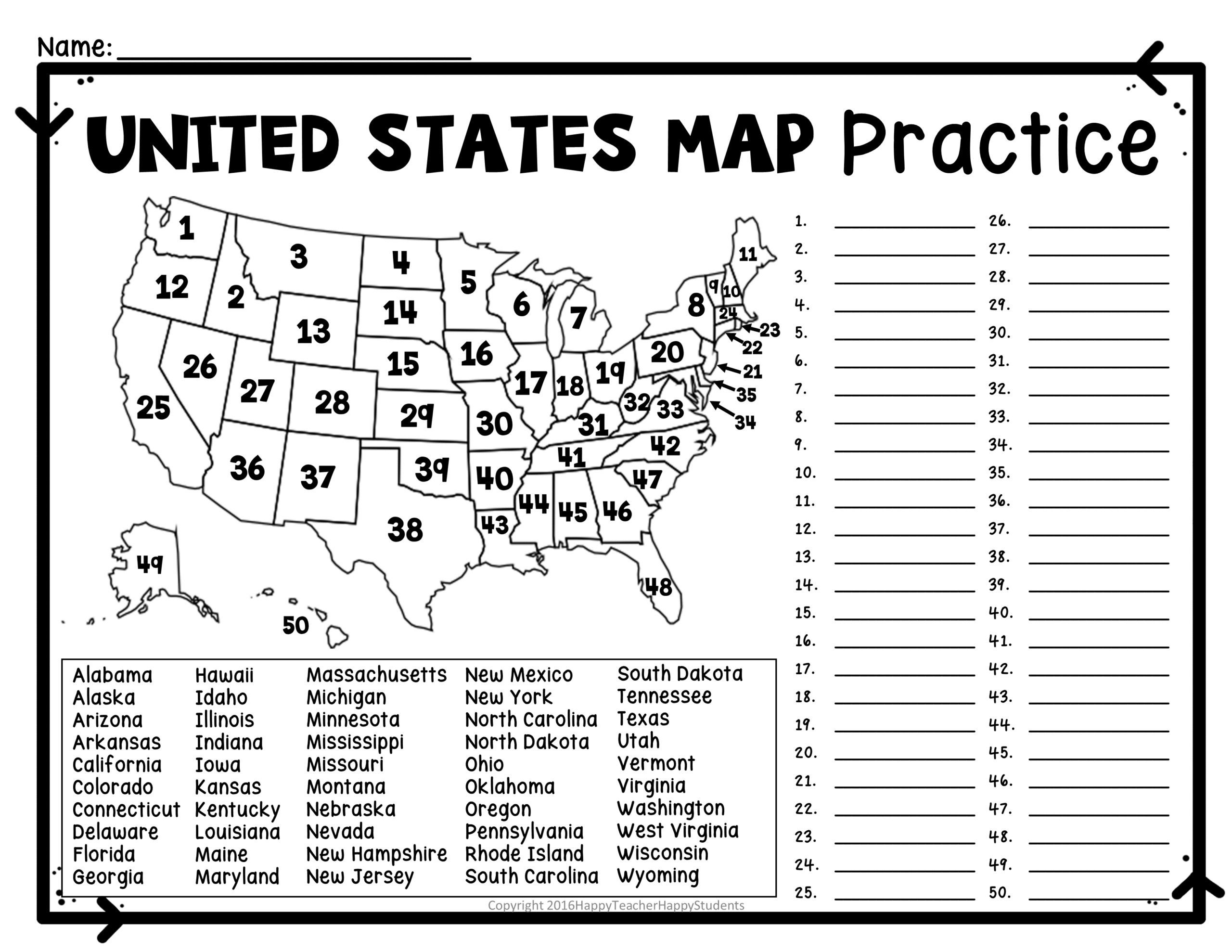 United States Map Quiz Worksheet USA Map Test W Practice Sheet US Map Quiz Classful