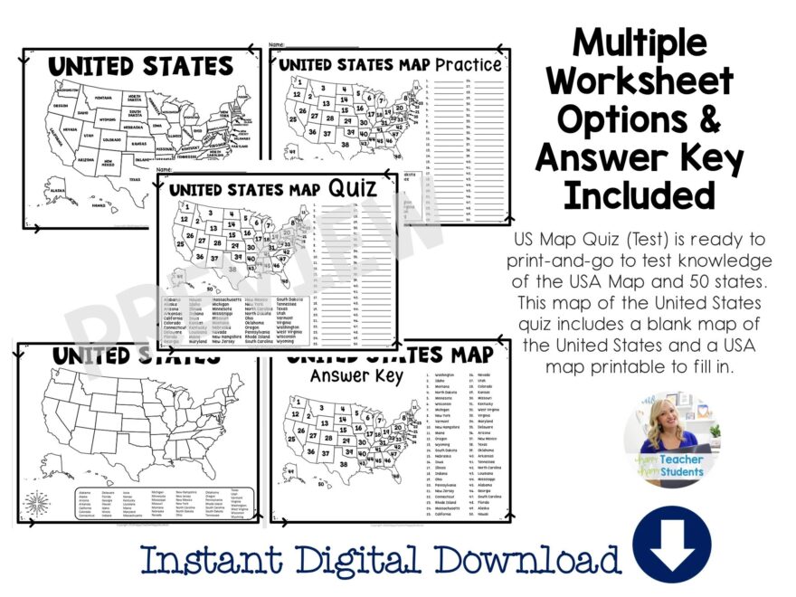 United States Map Quiz Worksheet USA Map Test With Practice Sheet States Map Quiz Decorate USA Map Bulletin Board USA Map For Kids Etsy