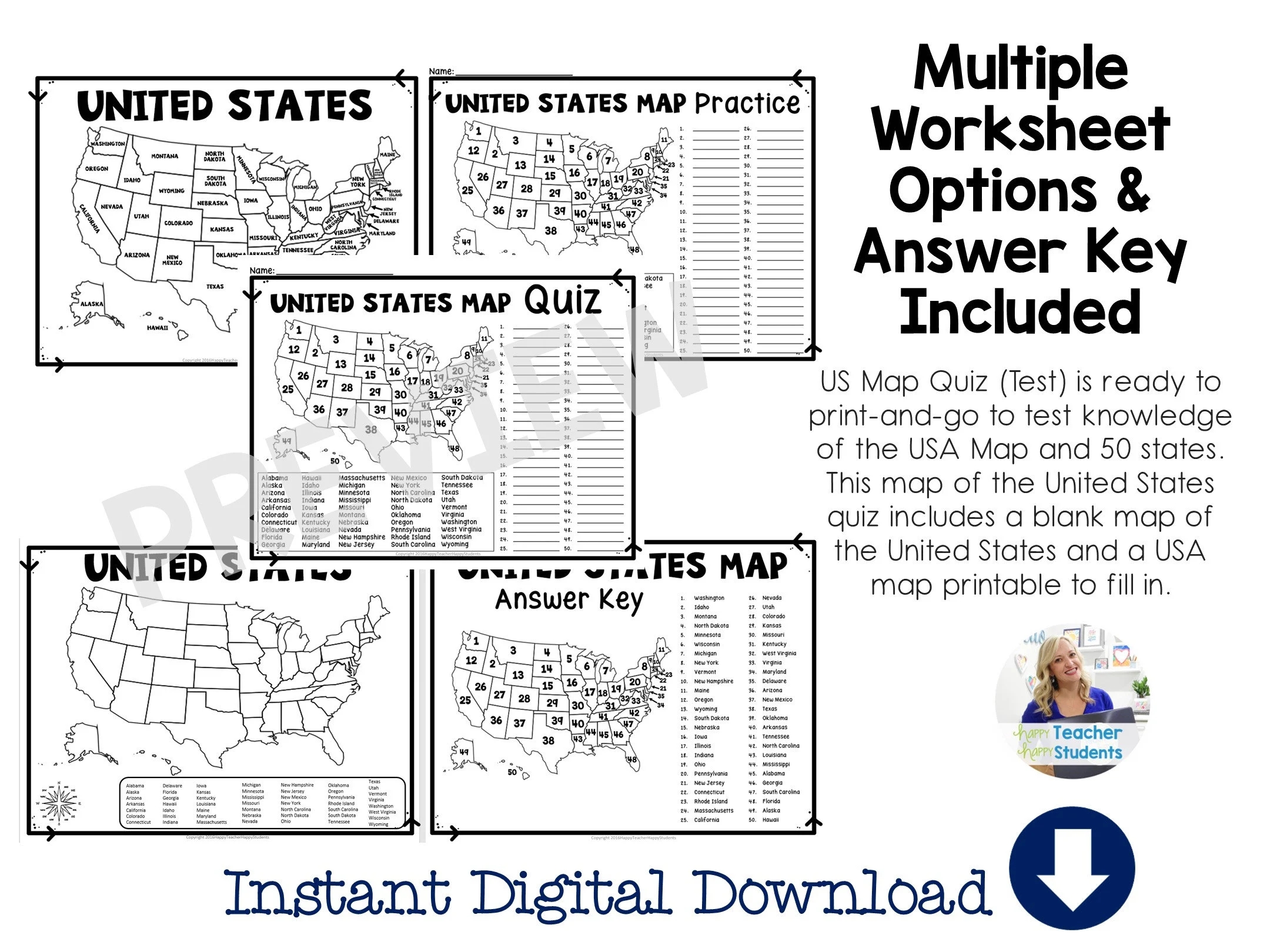 United States Map Quiz Worksheet USA Map Test With Practice Sheet States Map Quiz Decorate USA Map Bulletin Board USA Map For Kids Etsy