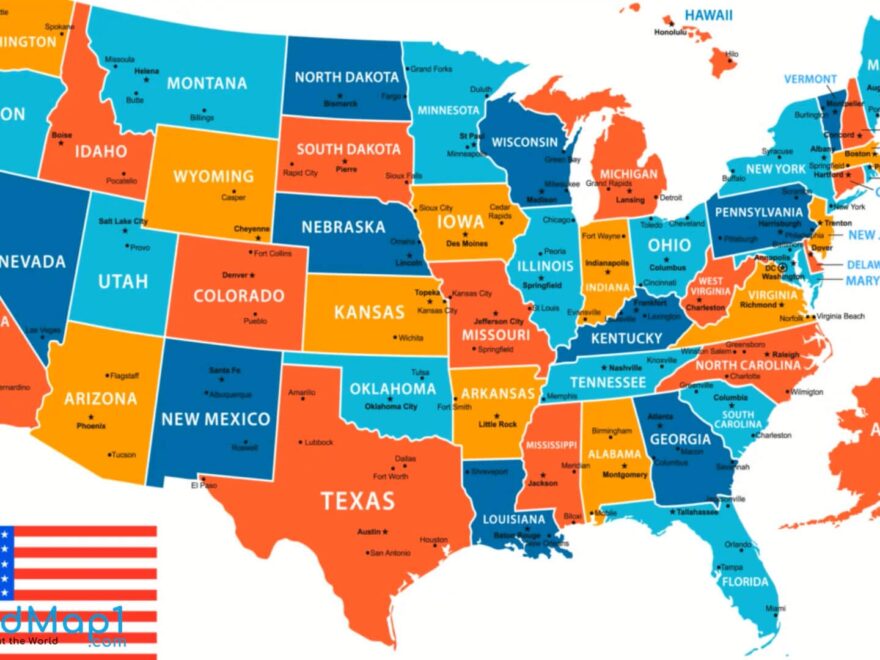 United States Map With US States Capitals Major Cities Roads Worksheets Library