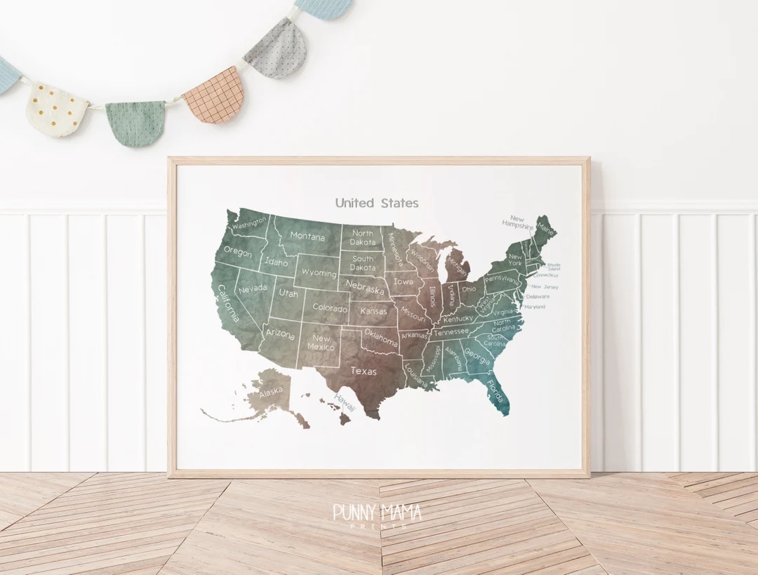 United States Of America Map Printable Neutral Earth Tones Kids Educational Classroom Wall Art Playroom Wall Art US Map Nursery Decor Print Etsy