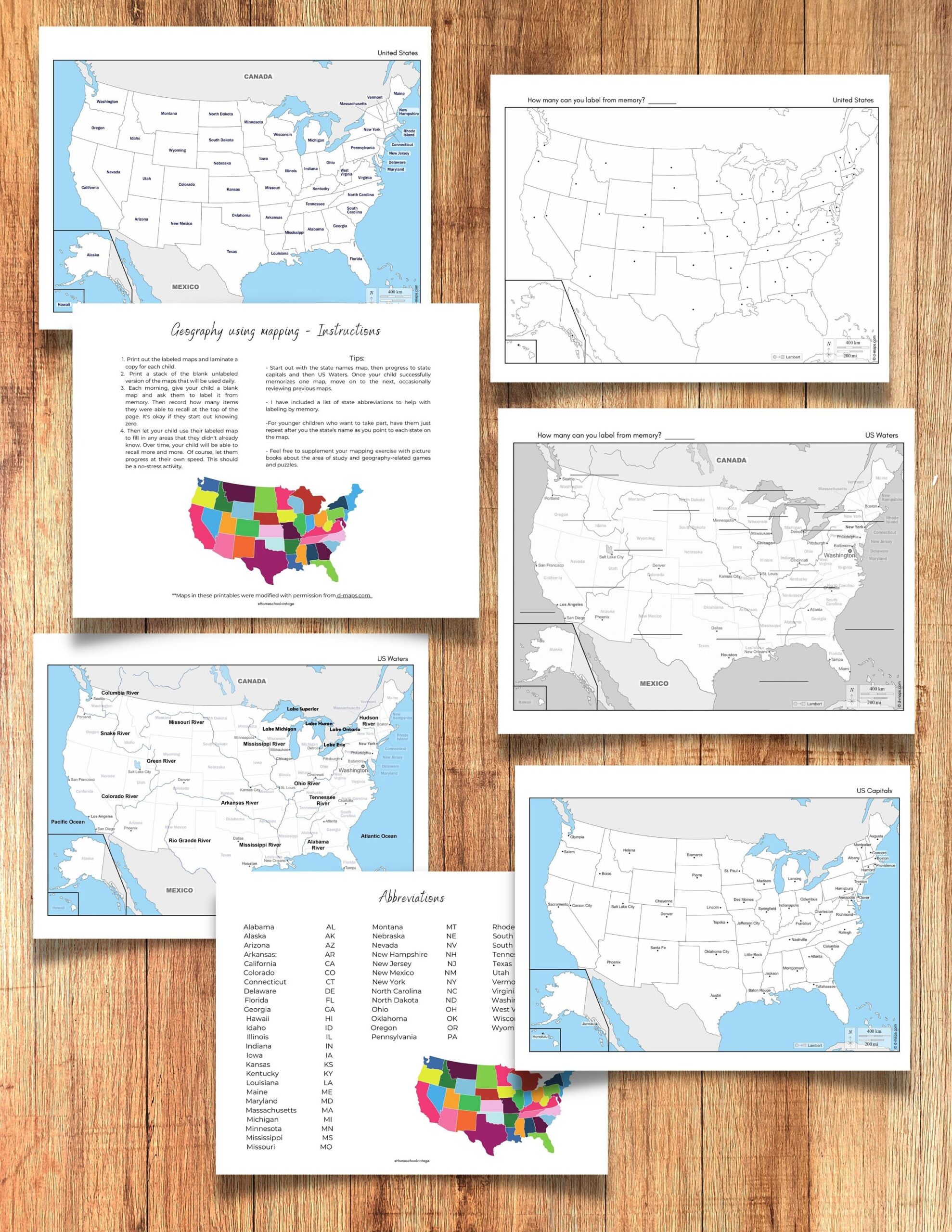 US Geography Map Digital Download States Capitals Abbreviations US Waters Printables Etsy