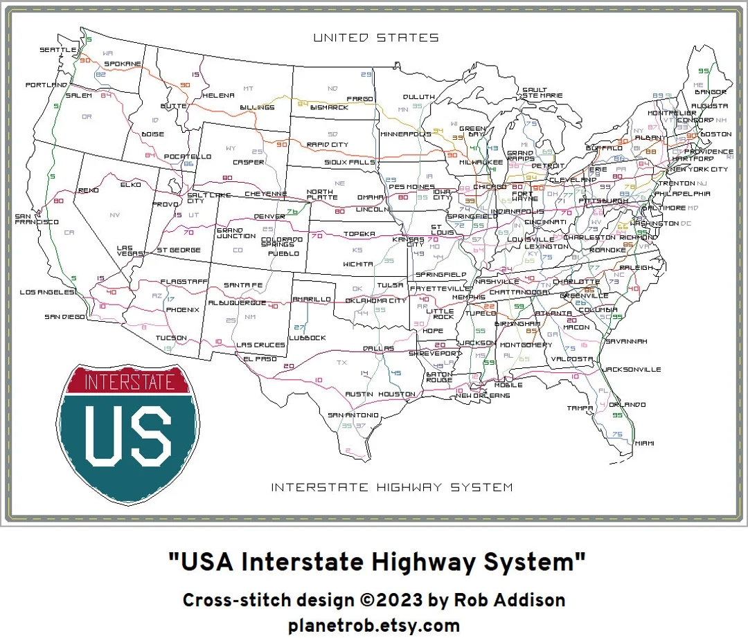 US INTERSTATE Highway System Cross stitch Map Pdf Download USA United States Pattern Design Roads Travel Etsy Sweden