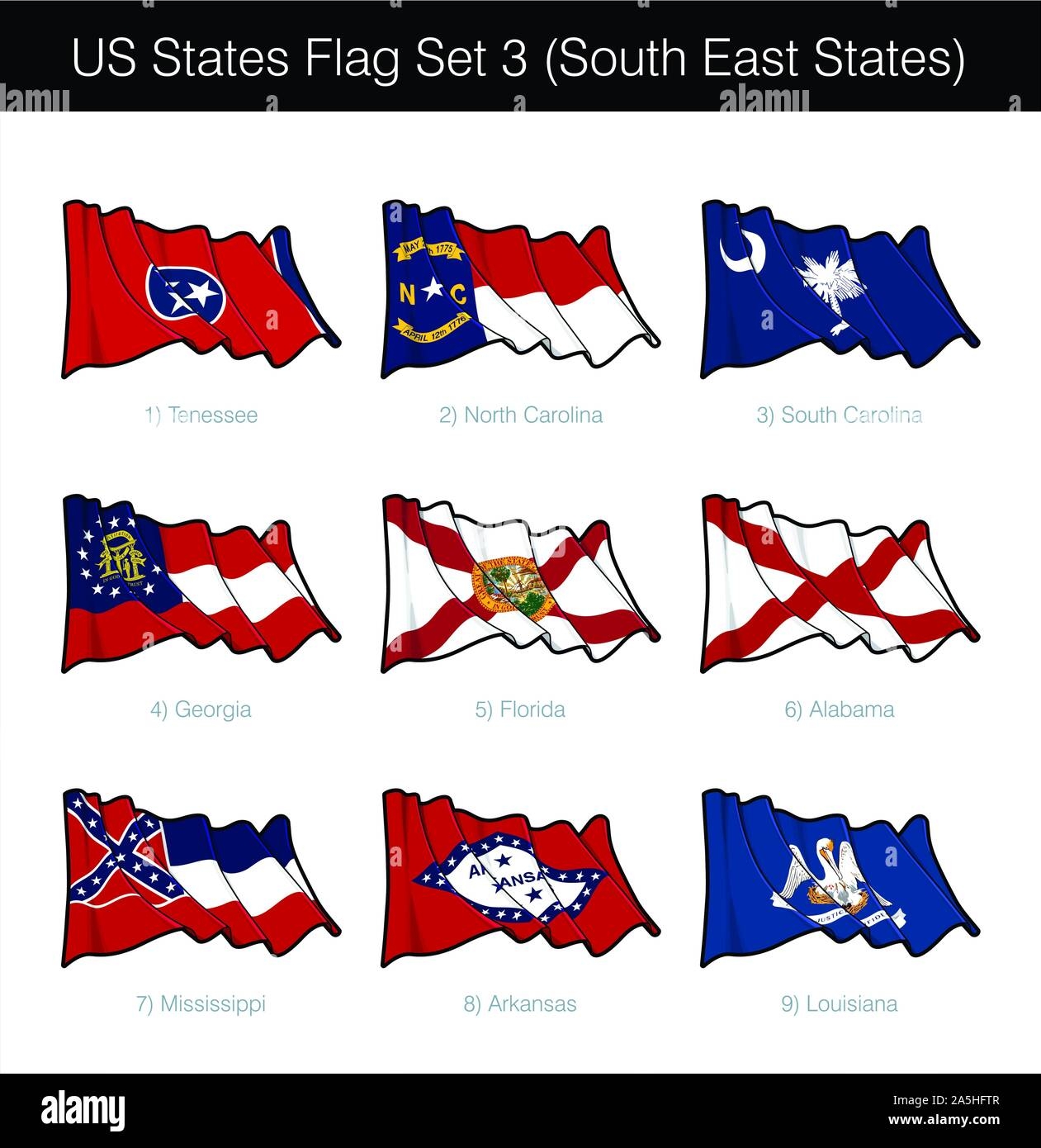 US South East States Flag Set It Includes The Flags Of Tennessee North And South Carolina Georgia Florida Alabama Mississippi Arkansas N Louisi Stock Vector Image Art Alamy