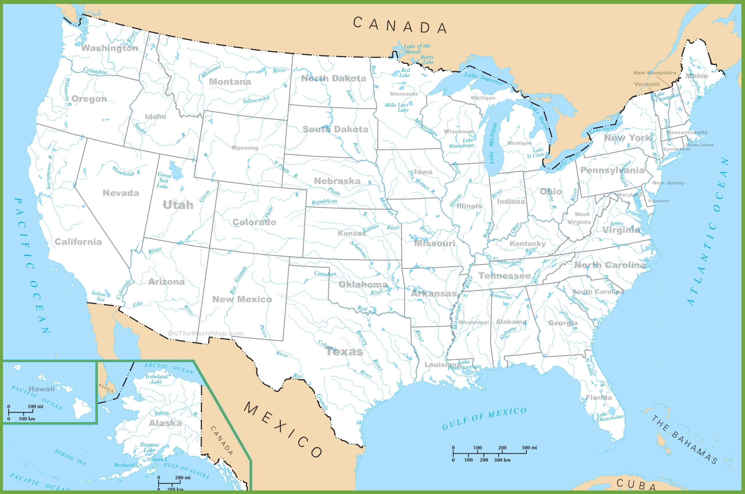 USA Rivers And Lakes Map Ontheworldmap USA Rivers And Lakes Map Ontheworldmap