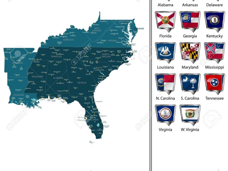 Vector Set Of Southeastern United States With Flags And Map On White Background Royalty Free SVG Cliparts Vectors And Stock Illustration Image 89317958