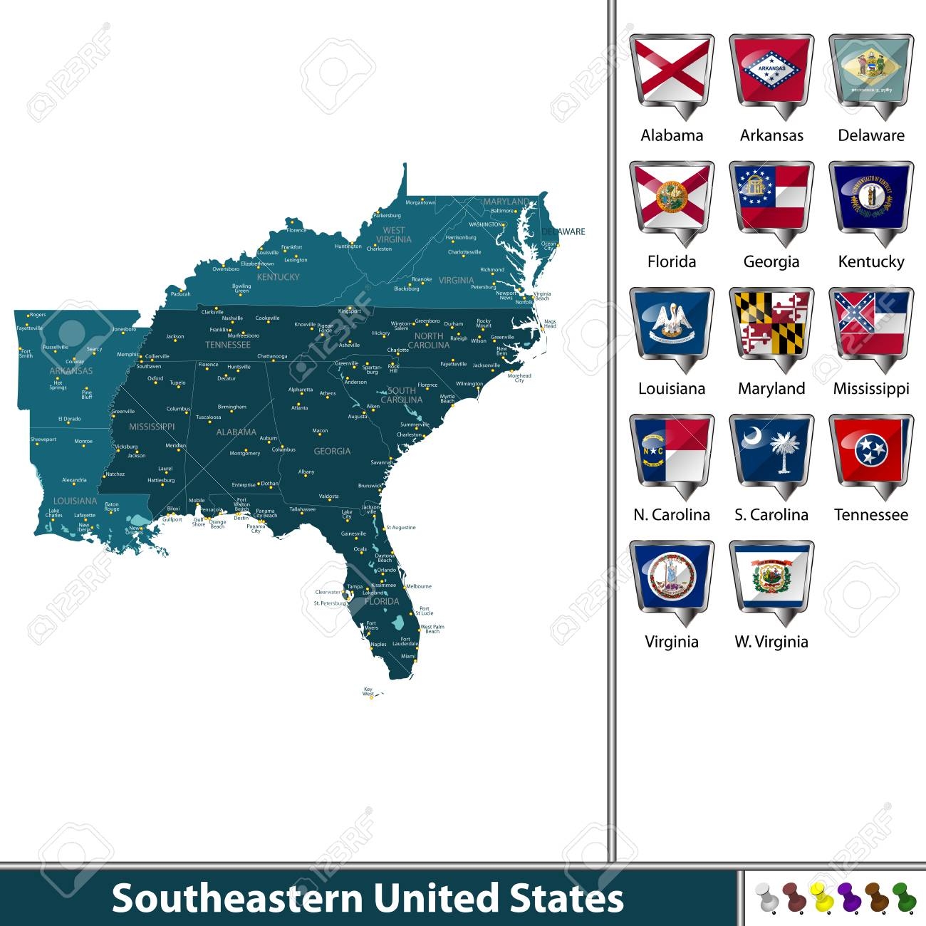 Vector Set Of Southeastern United States With Flags And Map On White Background Royalty Free SVG Cliparts Vectors And Stock Illustration Image 89317958 