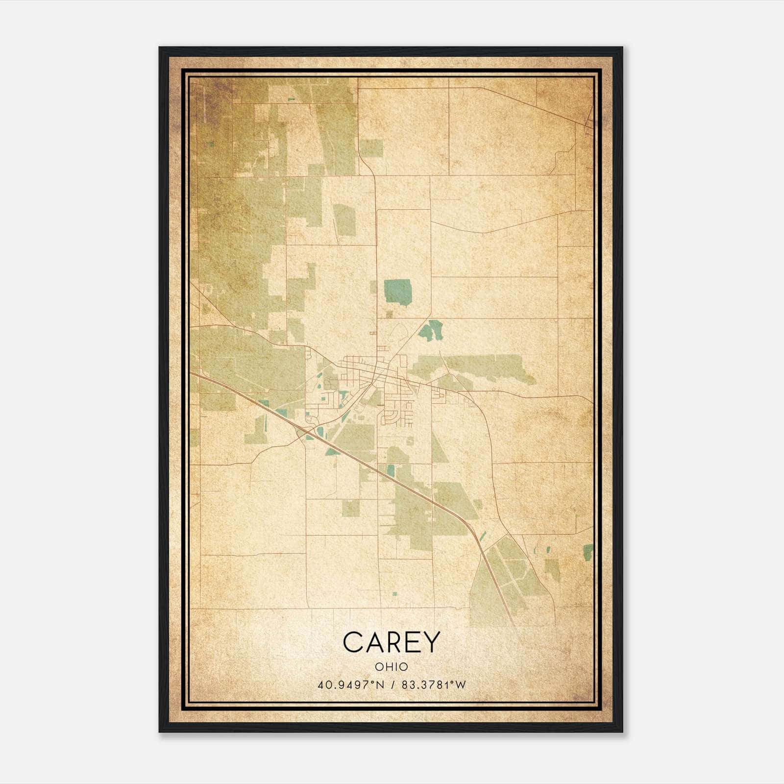 Vintage Carey Ohio Map Poster Carey OH City Road Wall Art Print Custom Maps Posters
