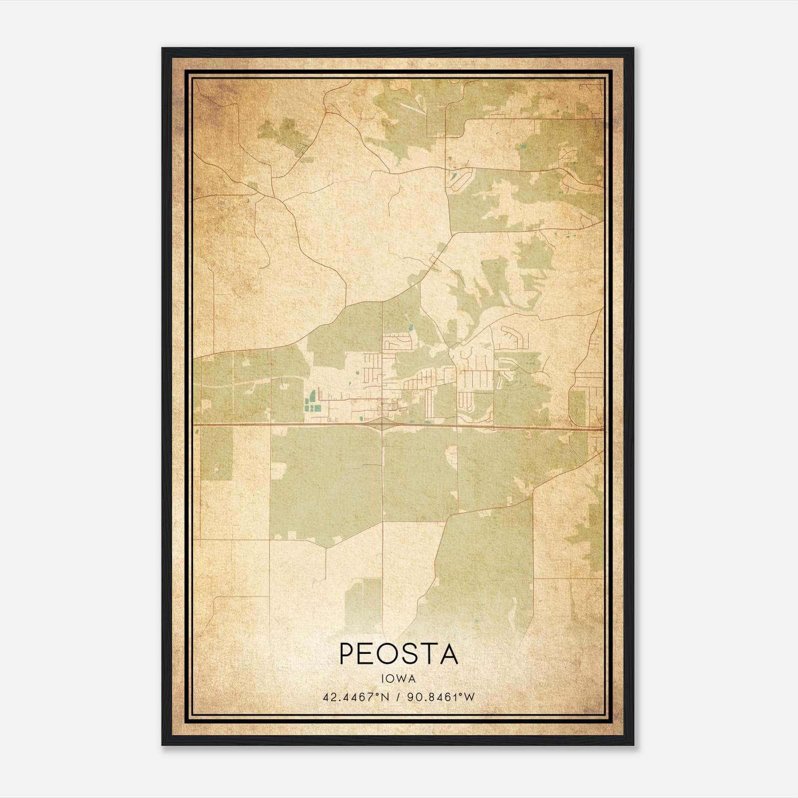 Vintage Peosta Iowa Map Poster Peosta IA City Road Wall Art Print Custom Maps Posters