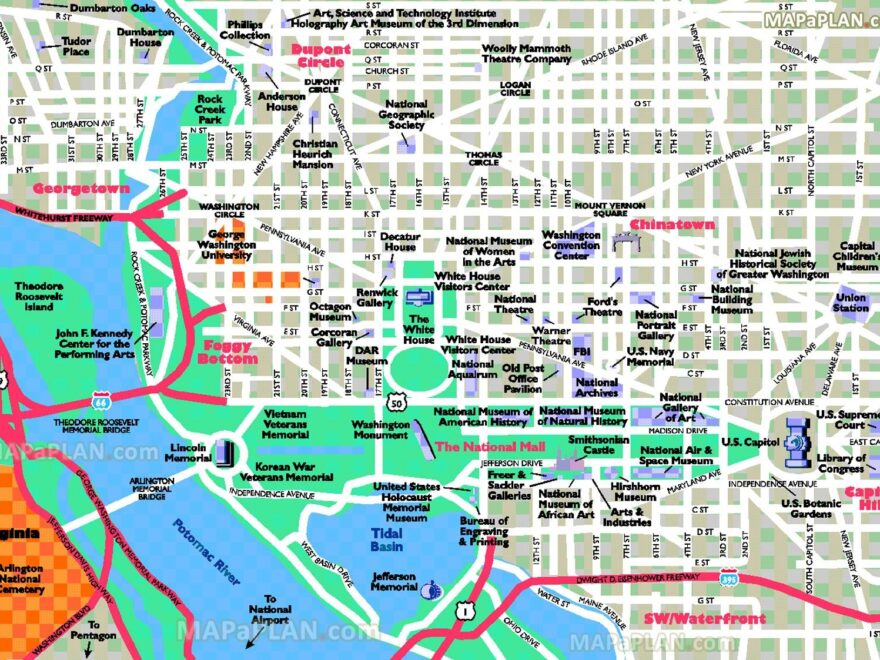 Washington Dc Attractions Map Washington Dc Tourist Attractions Map District Of Columbia USA