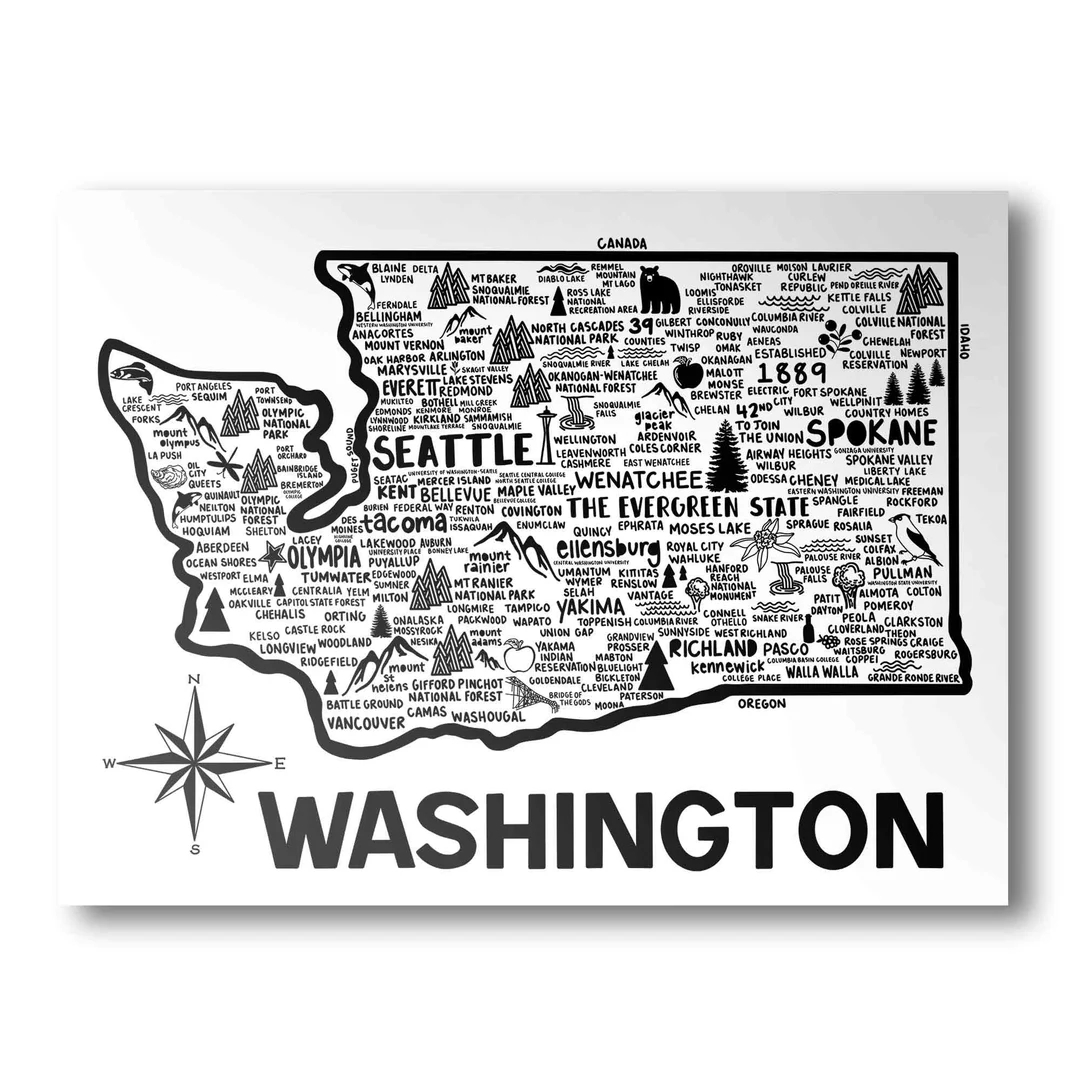 Washington Poster Minimalist State Map State Poster Wall Art Home Decor United States Print Art Print Katie Ford Etsy