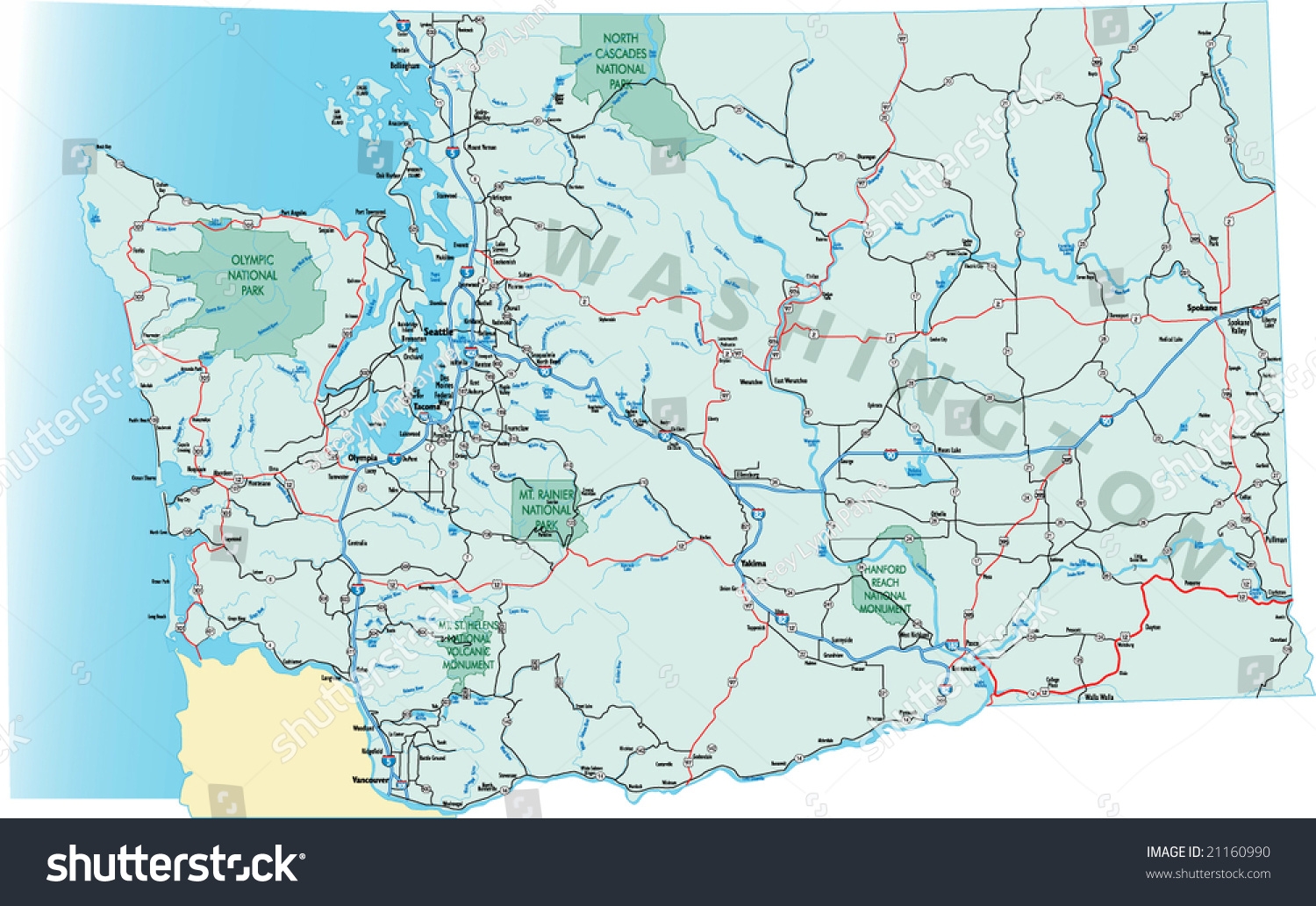 Washington State Highway Map Interstates Us Stock Vector Royalty Free 21160990 Shutterstock