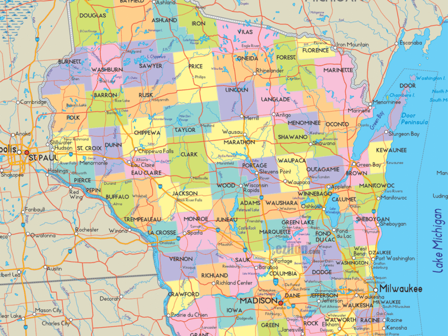 Wisconsin Counties Road Map USA