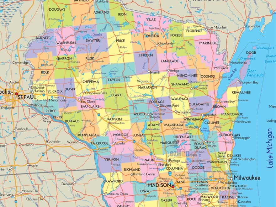 Wisconsin Counties Road Map USA