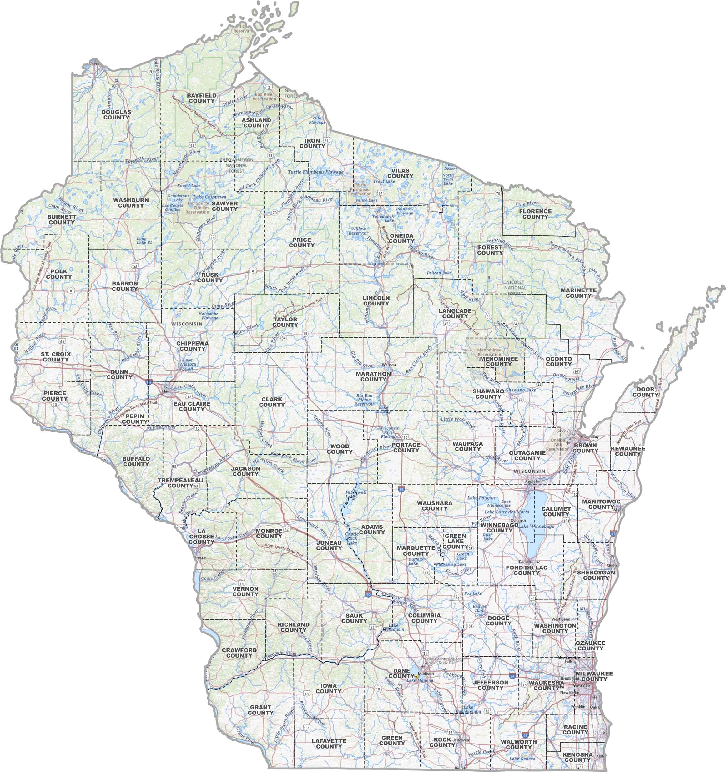 Wisconsin County Map Printable
