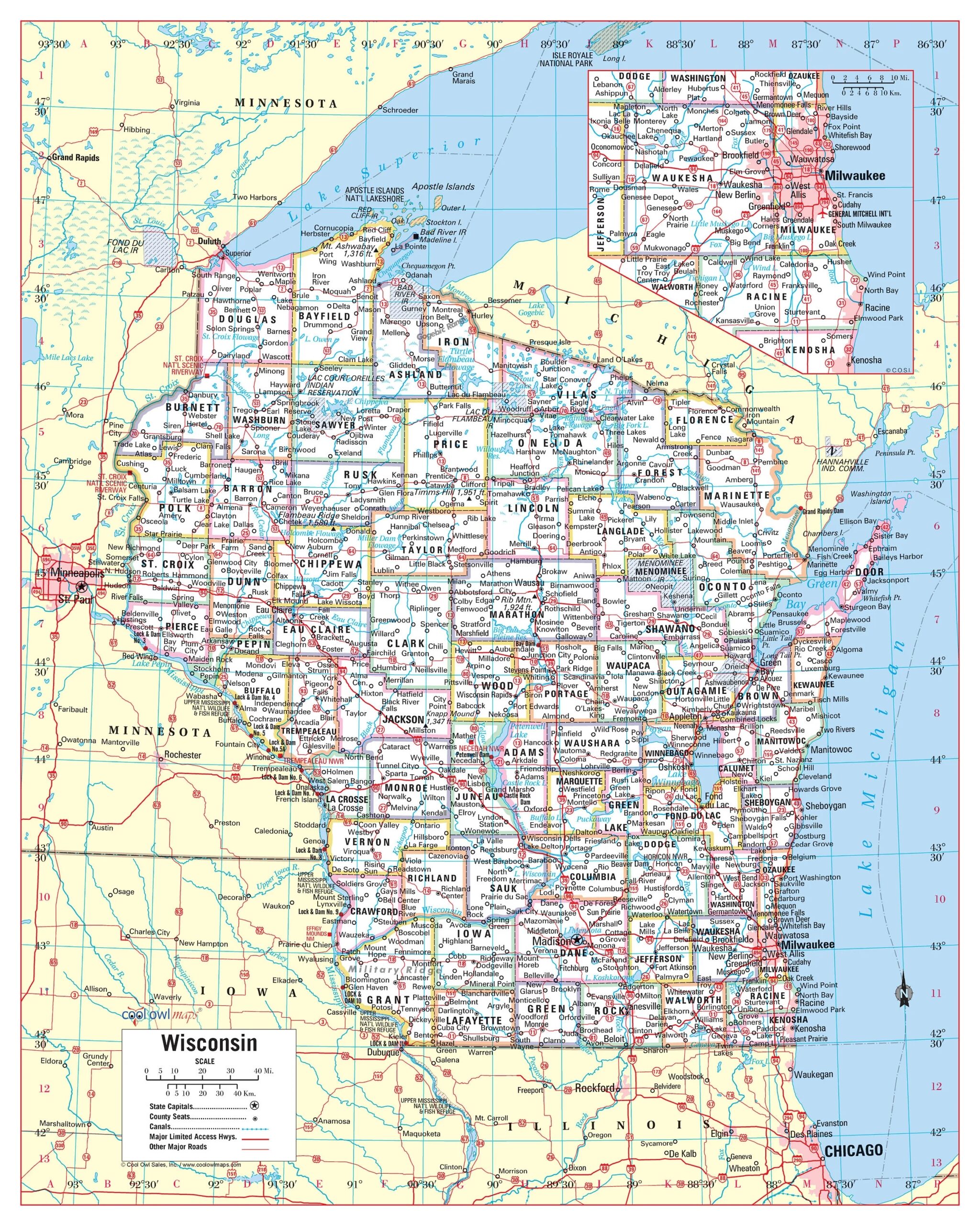 Wisconsin State Wall Map Large Print Poster 24 wx30 h Etsy