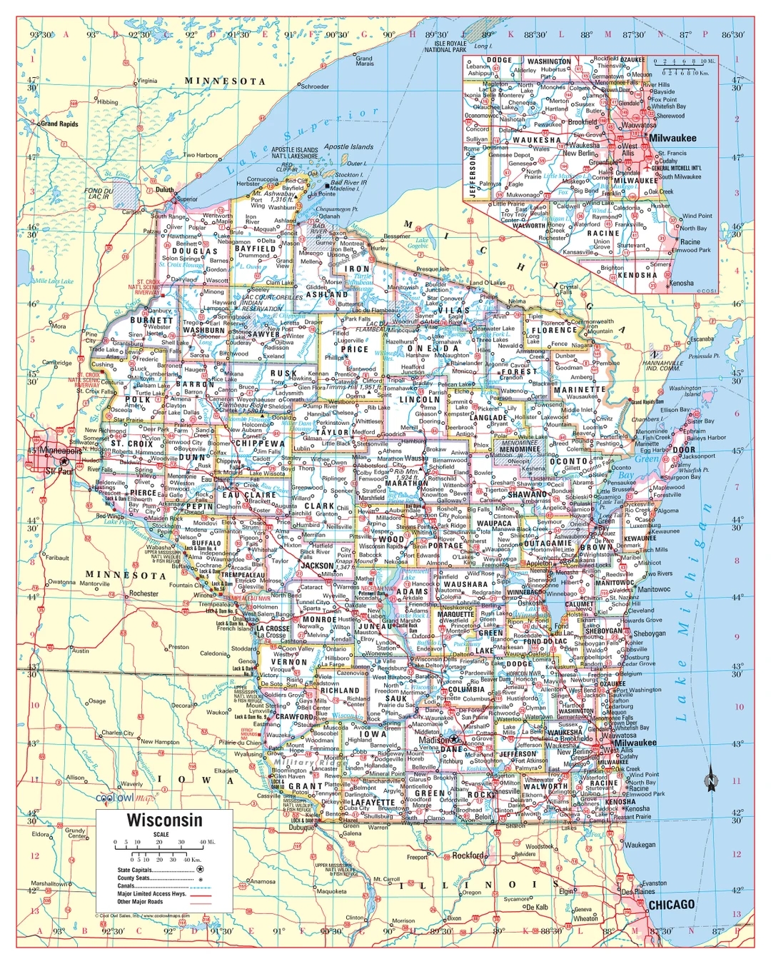 Wisconsin State Wall Map Large Print Poster 24 wx30 h Etsy Sweden