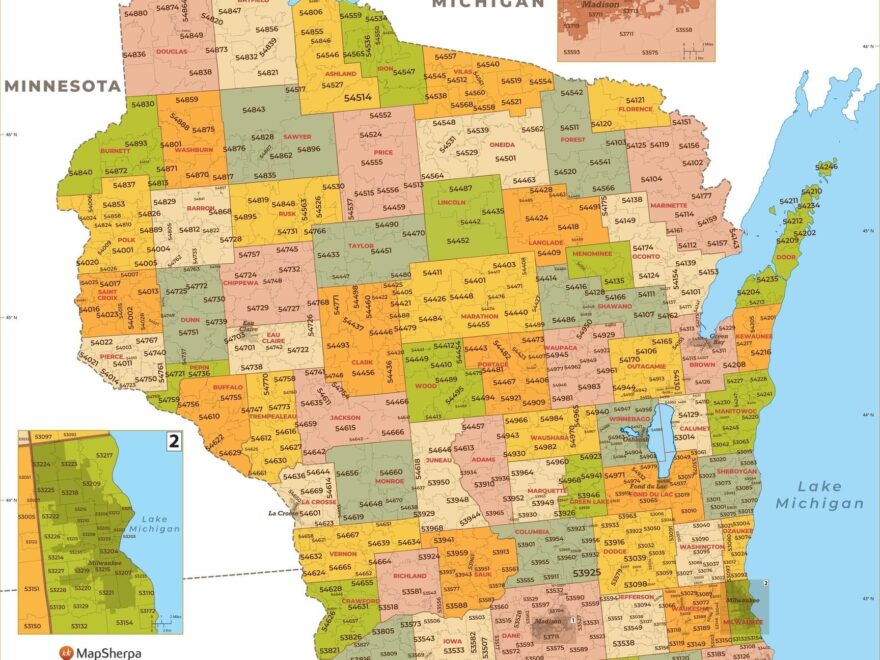 Wisconsin ZIP Code Map With Counties Standard Stanfords