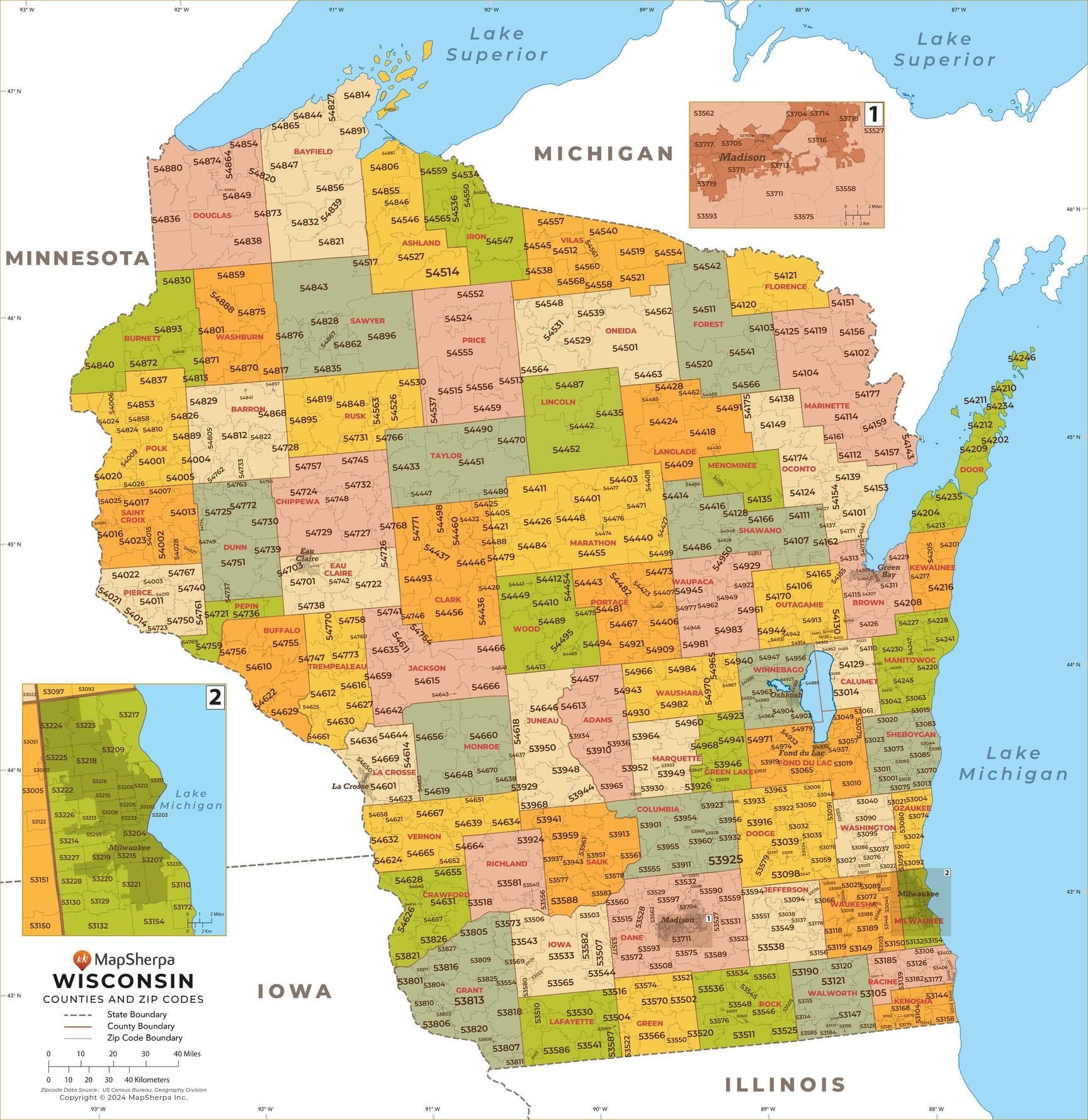 Wisconsin ZIP Code Map With Counties Standard Stanfords
